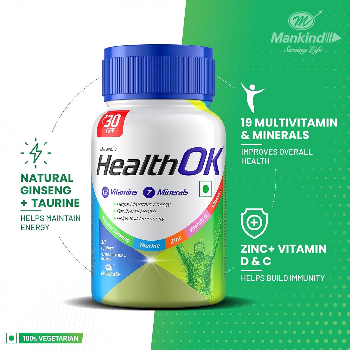 Health OK Multivitamin Tablets For Men with Vitamins, Minerals, Ginseng, Taurine & Zinc | For Nutrition, Energy & Immunity
