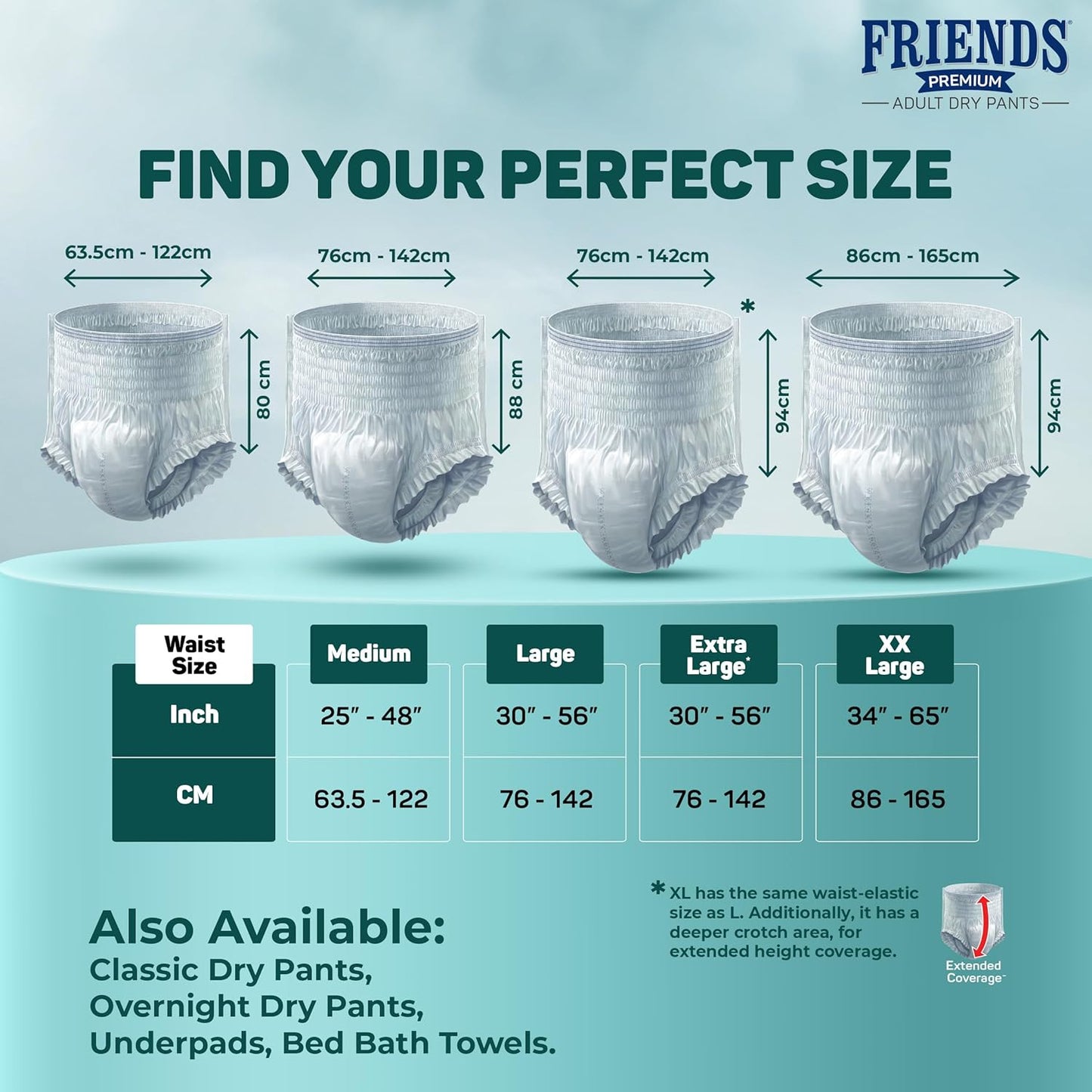 Friends Premium Adult Diaper Pants XL Pants Style - 10 Count (Extra Large) with odour lock, Unisex, Leakproof, Elastic Waist and Anti-Bacterial Absorbent Core - Waist Size 30-56 inch; 76-142 cm