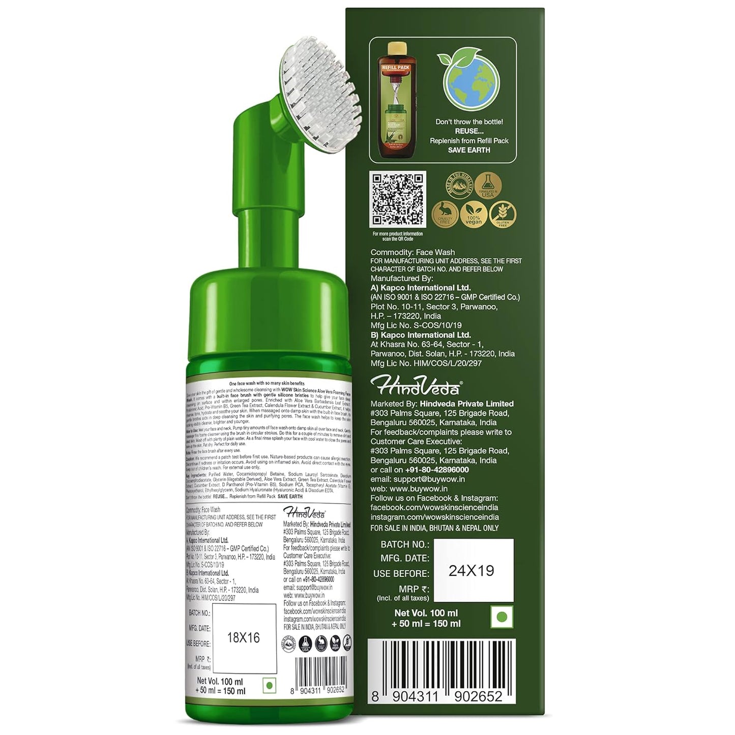 WOW Skin Science Face Wash Aloevera Foaming with Built-In Face Brush - 150ml