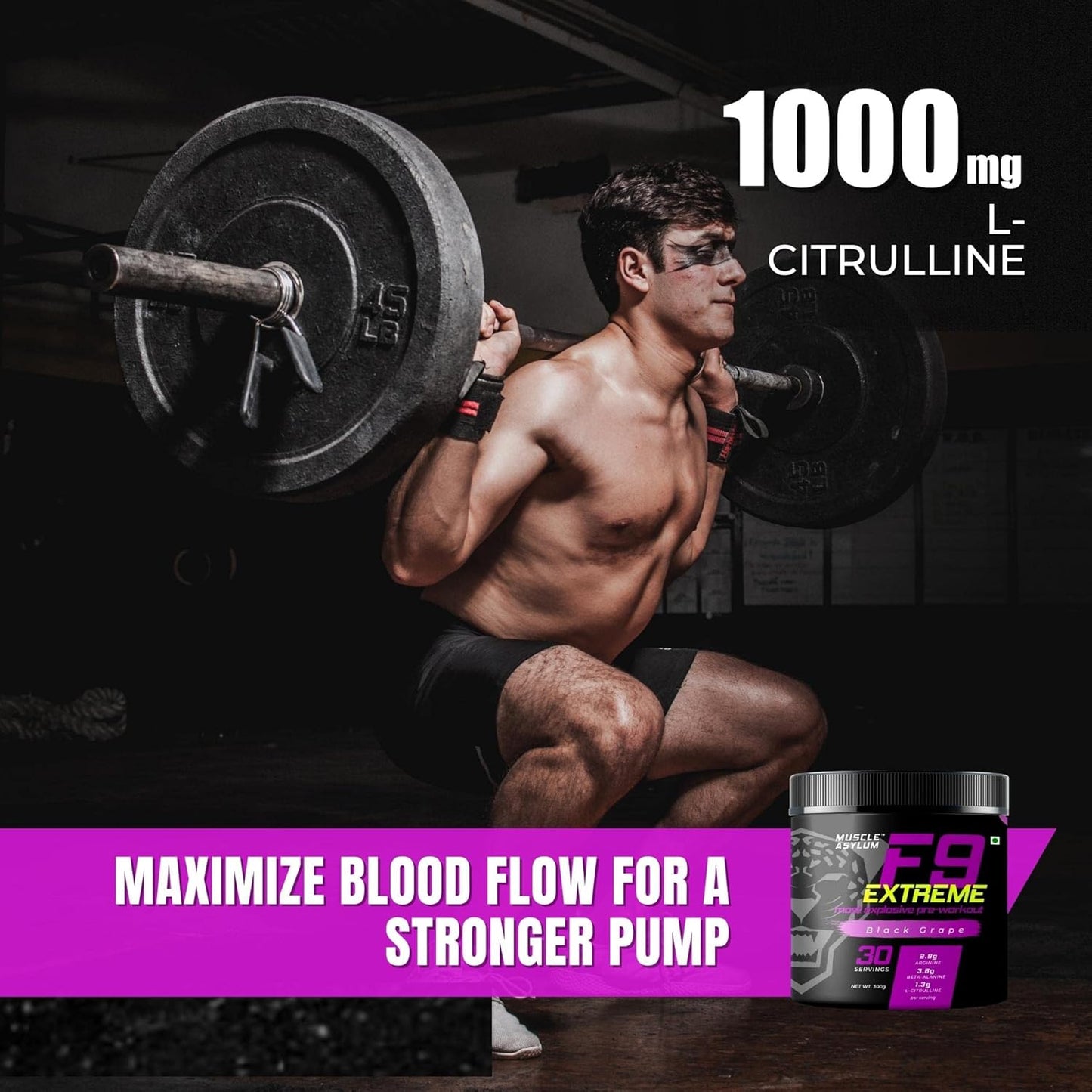 Muscle Asylum F9 Extreme – High Caffeine Pre-Workout (Black Grape) | 300g | 30 Servings | EAA & Endurance Blend | High Stimulant with EAA & Beta-Alanine