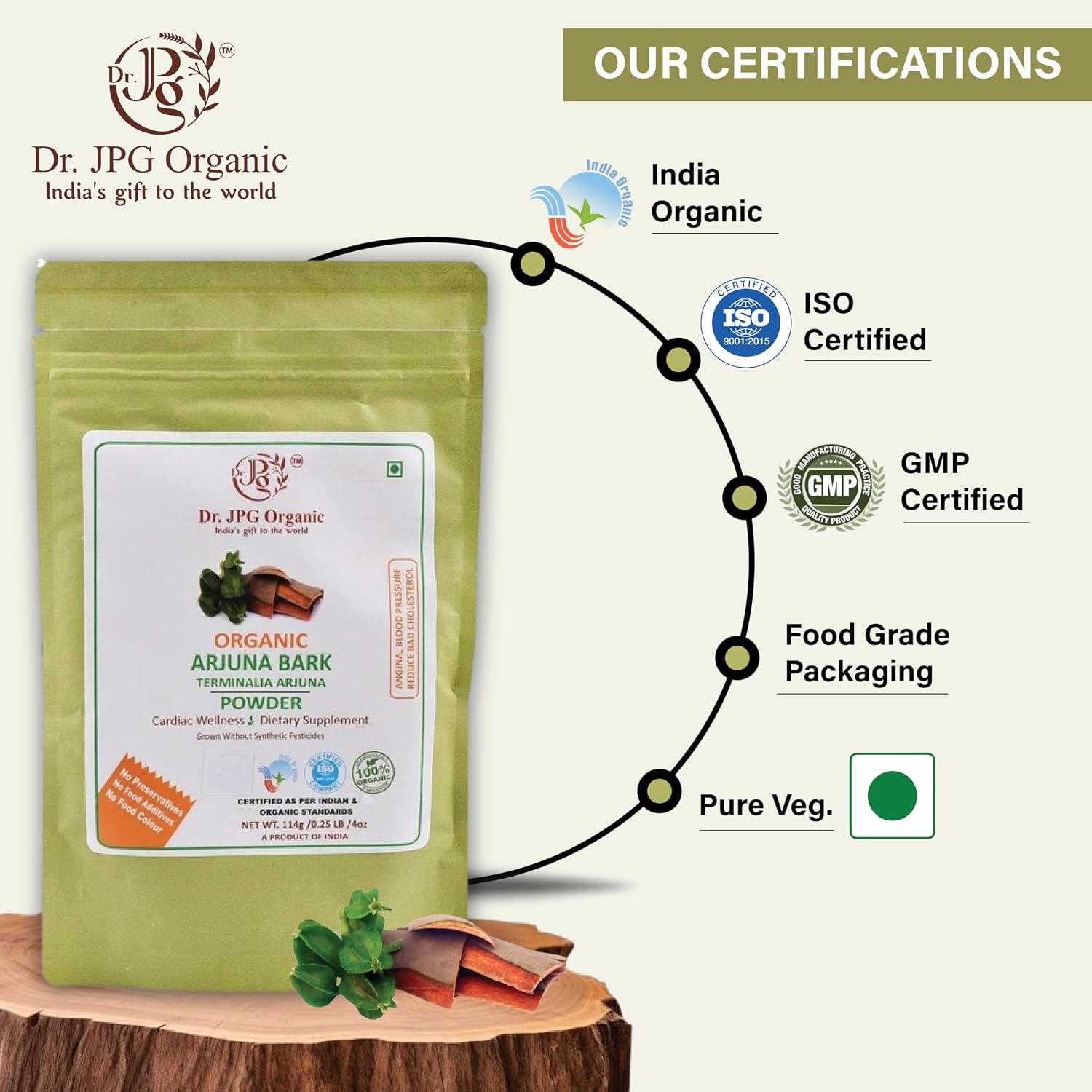 DR. JPG Organic Arjuna Bark Powder (228g) – 114g (Pack of 2) | For Heart Care, Cholesterol Management & Healthy Metabolism | 100% Certified Organic