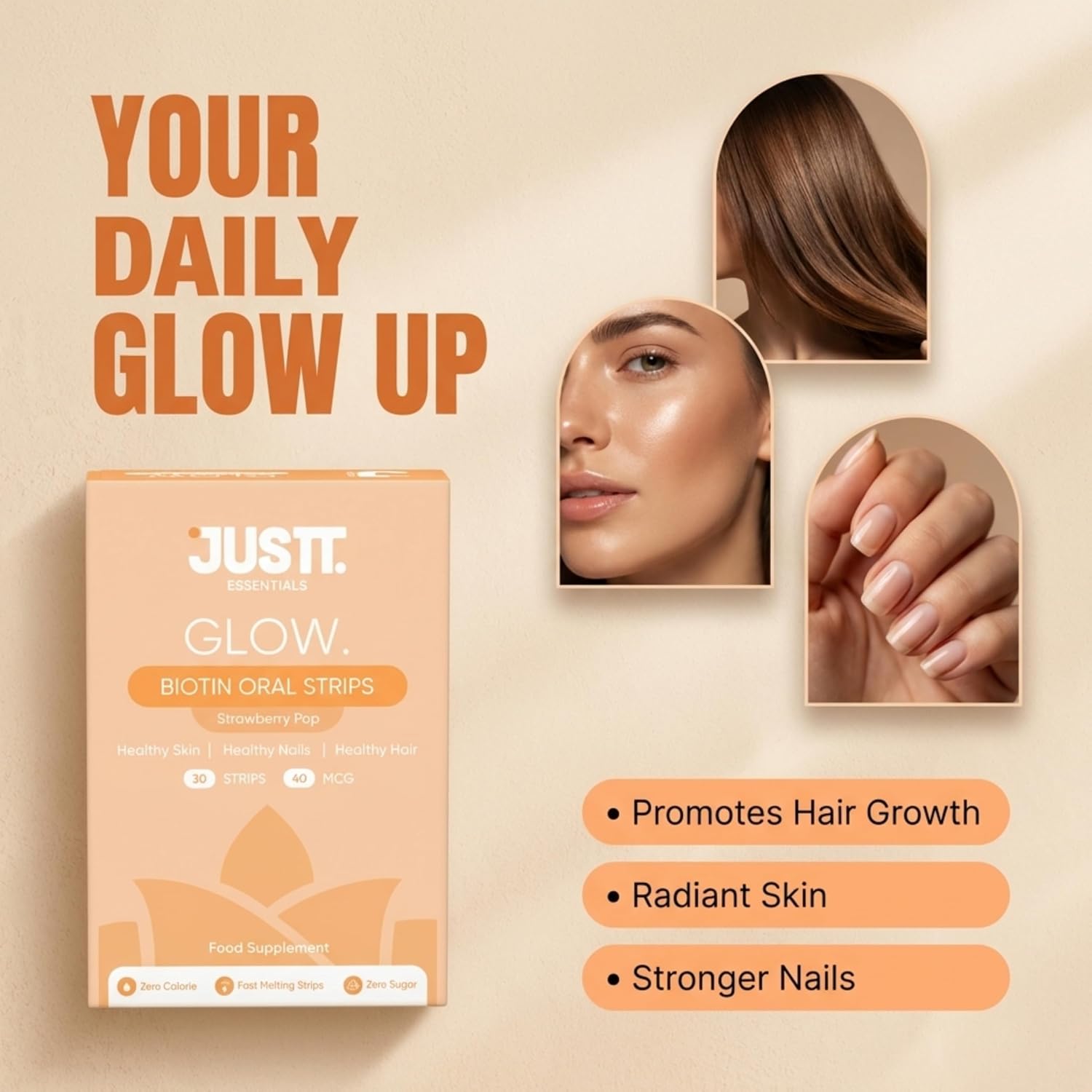 JUSTT ESSENTIALS Glow Biotin Oral Strips for Healthy Hair, Radiant Skin & Strong Nails | Pack of 1, 30 Days Pack | 10,000 mcg Sesbania Extract | Strawberry Pop Flavour | Sugar-Free Fast Dissolving Vegan Strips