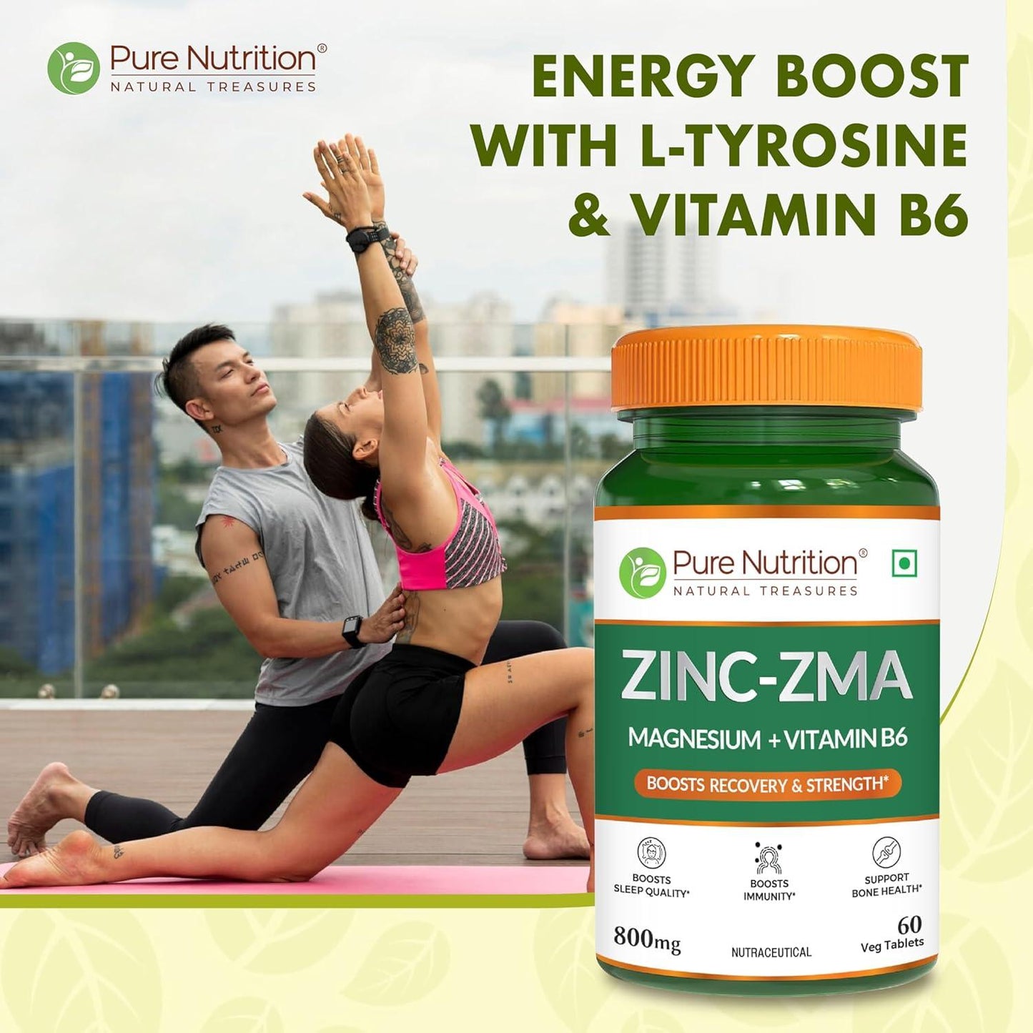 Pure Nutrition Zinc-ZMA 800 mg Veg Tablet with Magnesium & Vitamin B6 for Immunity, Bones & Muscles | Veg Tablet