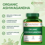 Pure Nutrition Organic Ashwagandha Tablets - Supports Stress Relief, Sleep, Fertility, Immune Health, Vitality & Strength | Natural Adaptogen for Men & Women | Promotes Energy & Overall Wellness | Ayurvedic Supplement - 120 Veg Tablets