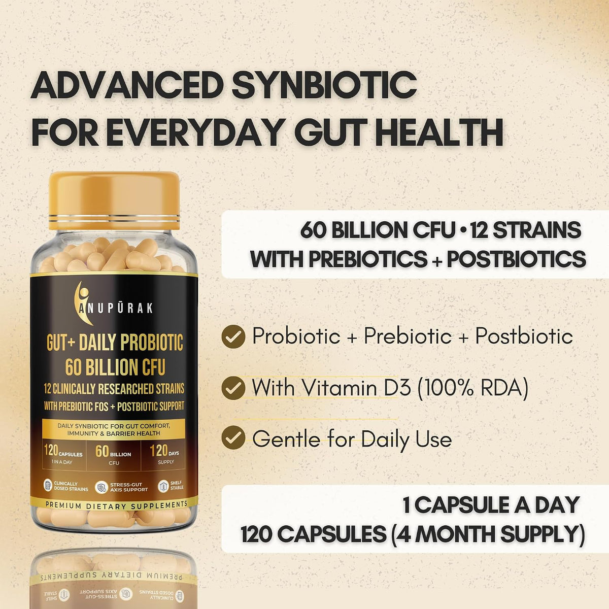 Anupurak Gut + Daily Probiotic 60 Billion CFU Capsule (120 Each)