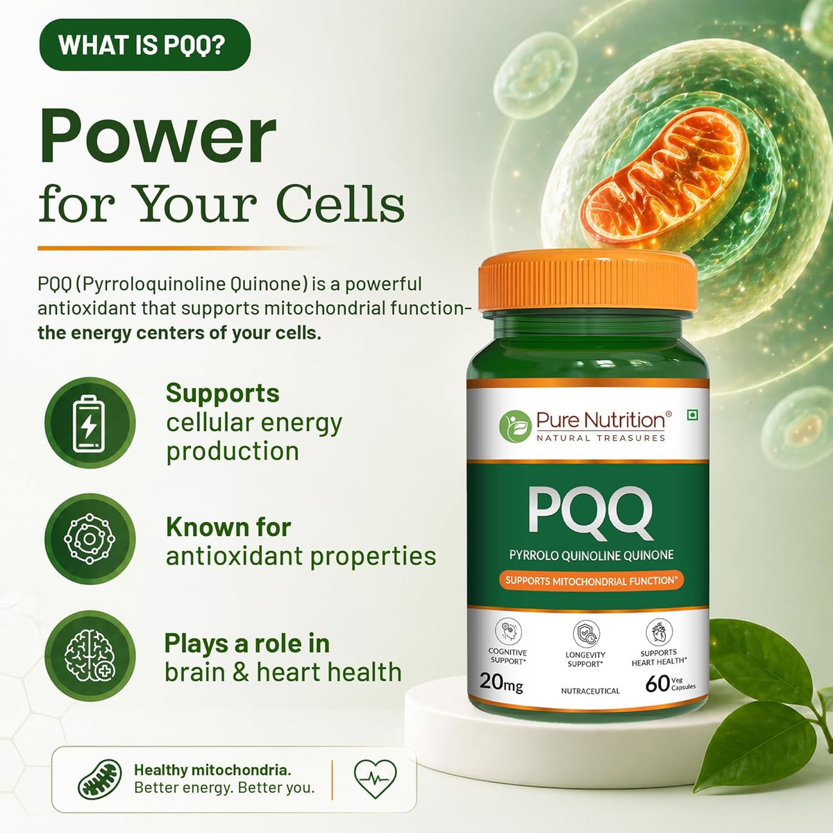 Pure Nutrition PQQ 20mg, 60 Capsules | Cellular Energy, Antioxidant & Healthy Aging Support