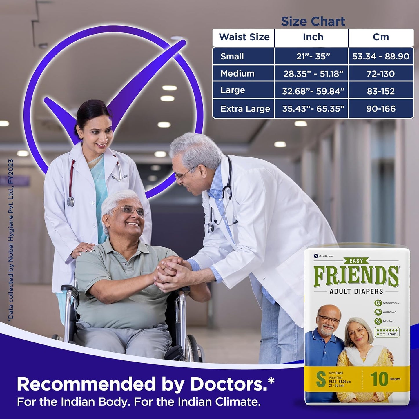 Friends Easy Adult Diaper Small - 10 Count with odour lock, Unisex, Leakproof, Wetness Indicator and Anti-Bacterial Absorbent Core- Waist Size 22.44-39.37 inch; 57-100 cm