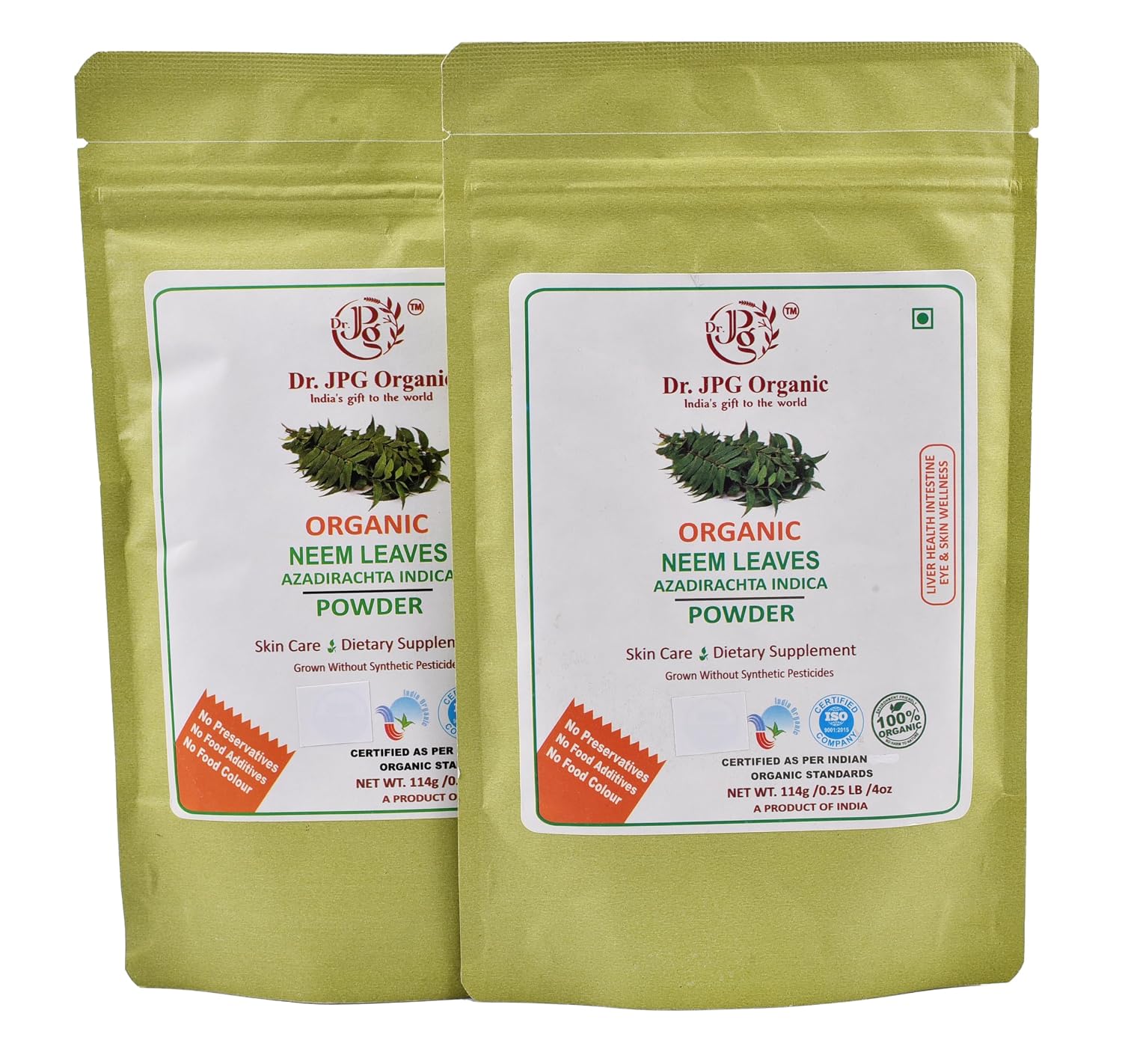 DR. JPG Organic Neem Leaf Powder (228g) – 114g (Pack of 2) | For Face, Skin & Hair Health | 100% Certified Organic