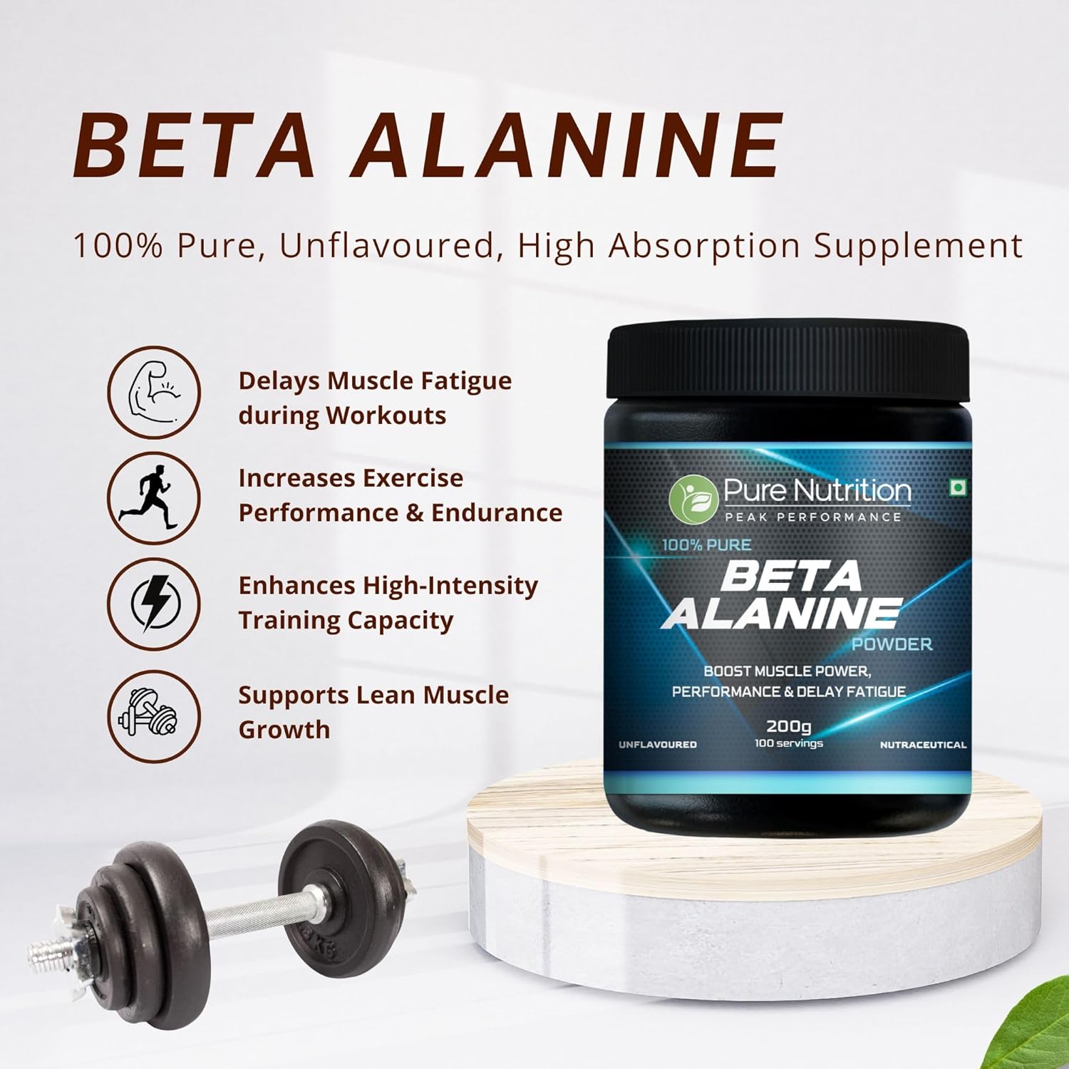 Pure Nutrition Beta Alanine Powder (200 gm), Unflavored | Pre Workout Supplement Amino Acid | Boost Muscle Power & Improve Performance