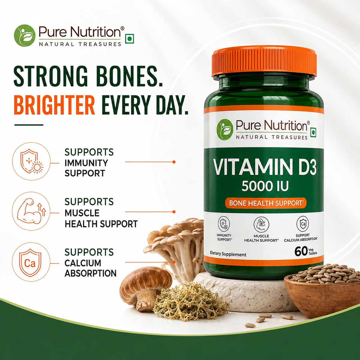 Pure Nutrition Vitamin D3 5000 IU, 60 Tablets | Bone, Muscle & Immune Health Support