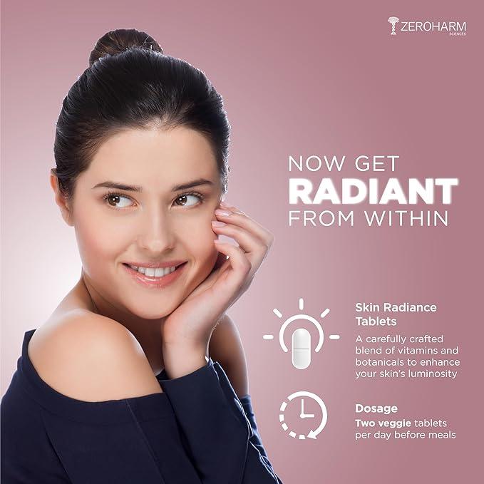 ZEROHARM Skin Radiance Supplement With L-Glutathione, Acerola Cherry Extract (Vitamin C), Vitamin B7(Biotin) & E - Helps Reduce Dark Spots, Brightens & Hydrates Skin for Men & Women - 60 Tablets
