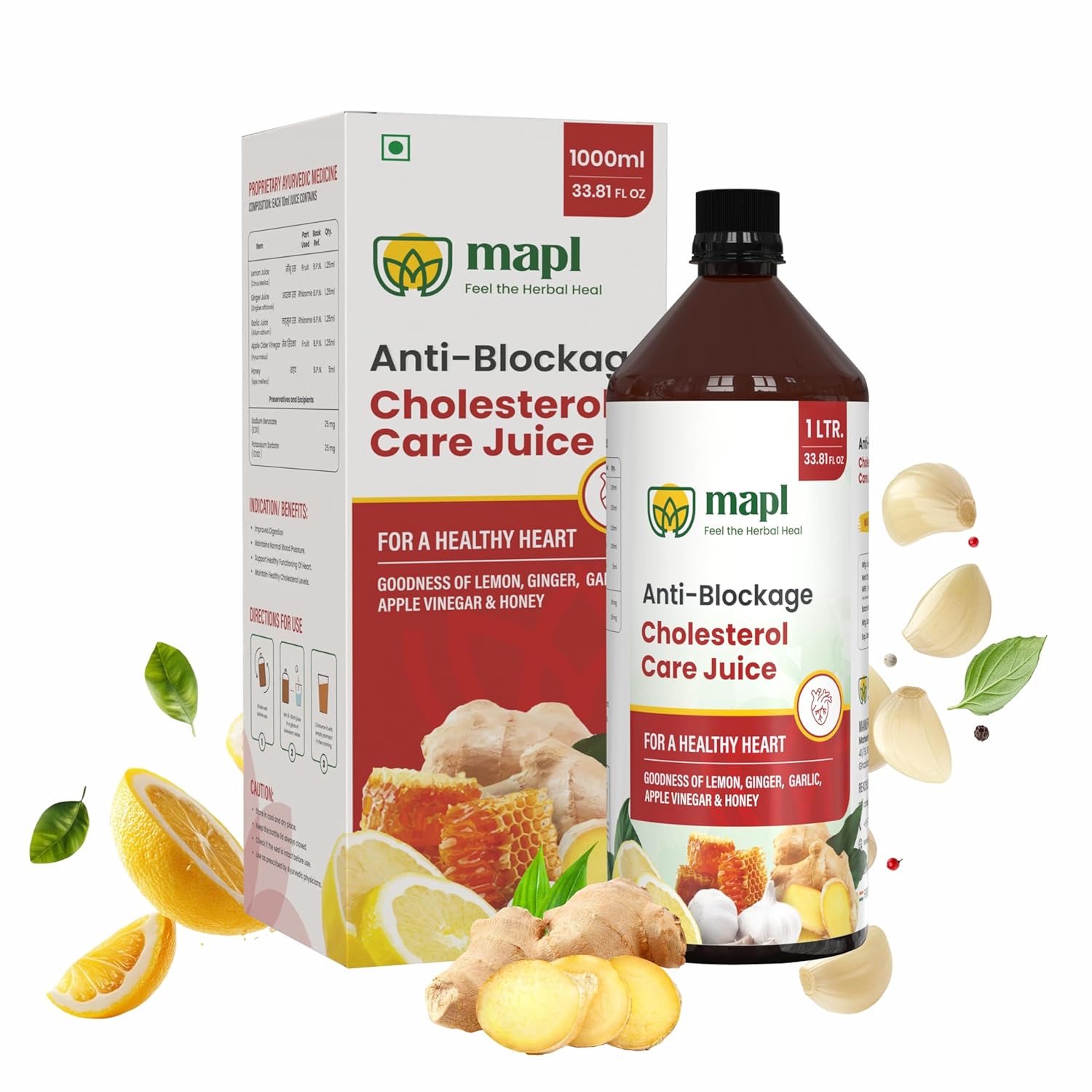MAPL Anti Blockage Cholesterol Care Juice 1000ml | Garlic, Ginger, Lemon & Apple Cider Vinegar | Supports Heart Health & Cholesterol Balance