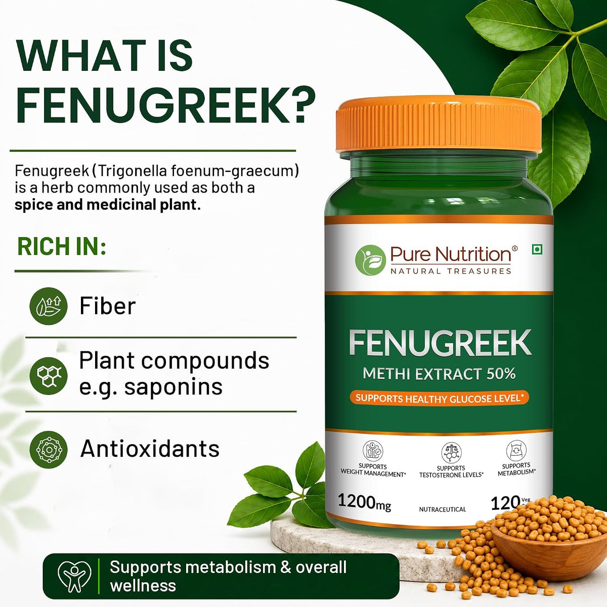 Pure Nutrition Fenugreek Extract 1200mg, 120 Capsules | Herbal Supplement for Digestive & Wellness Support