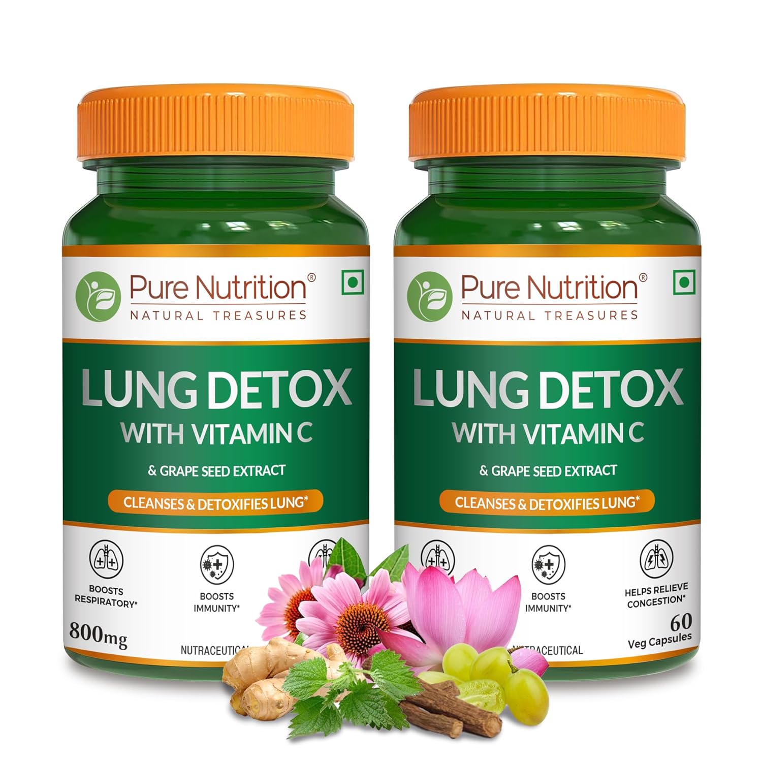 Pure Nutrition Lung Detox with Vitamin C 800mg Veg Capsule | For Respiratory Care