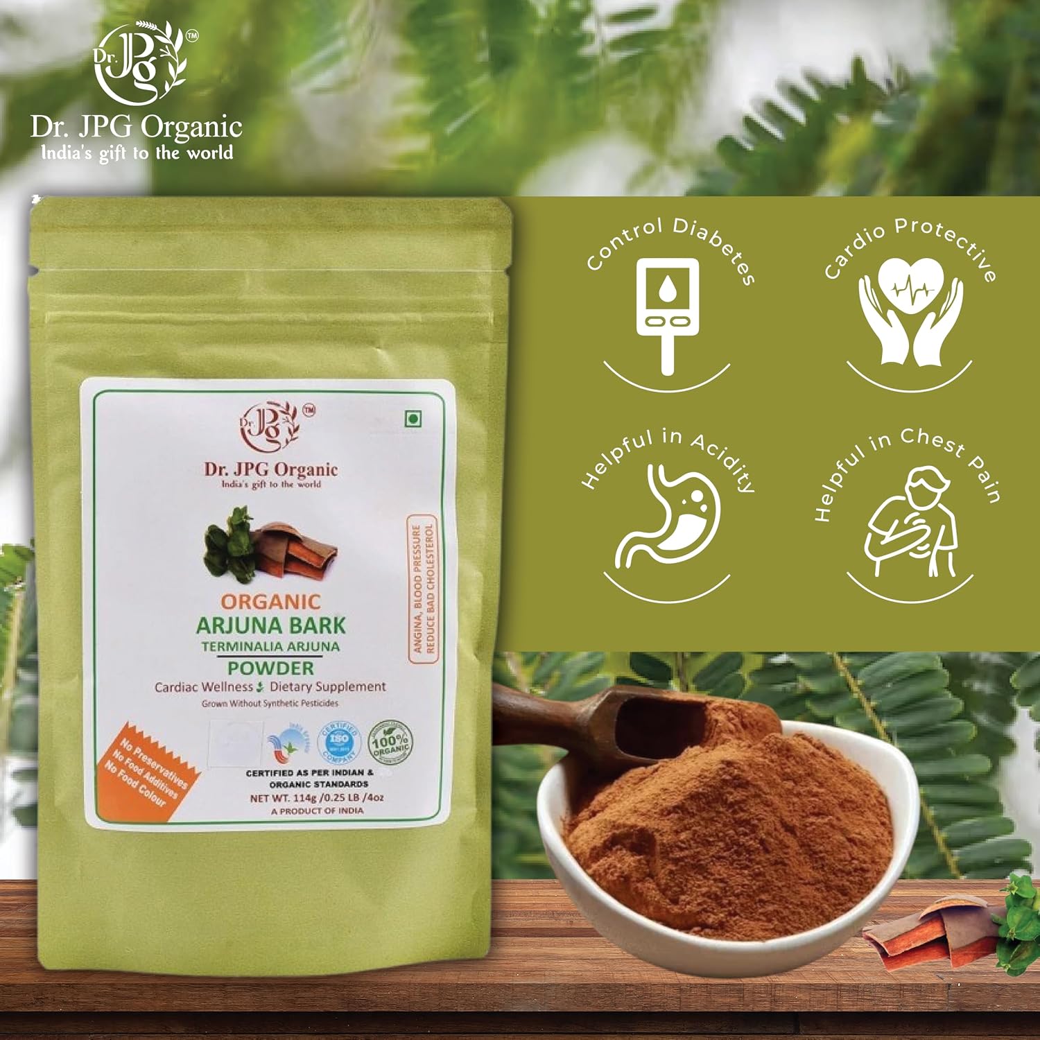 DR. JPG Organic Arjuna Bark Powder (228g) – 114g (Pack of 2) | For Heart Care, Cholesterol Management & Healthy Metabolism | 100% Certified Organic