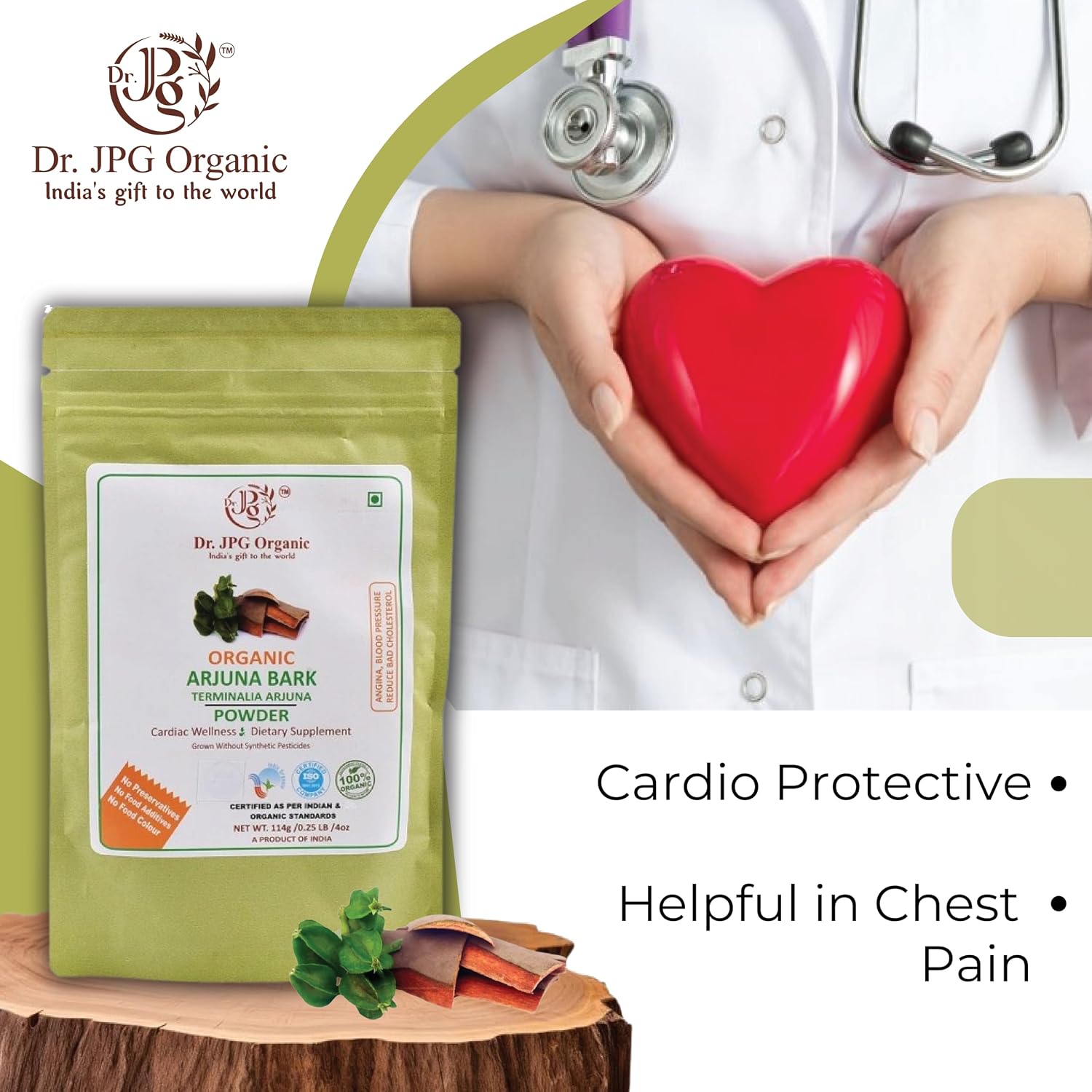 DR. JPG Organic Arjuna Bark Powder (228g) – 114g (Pack of 2) | For Heart Care, Cholesterol Management & Healthy Metabolism | 100% Certified Organic