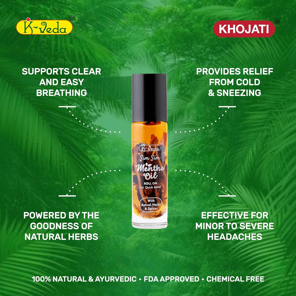 Khojati Sim Sim Mentho Oil Roll-On | Ayurvedic Fast Relief for Headache, Cold, Stress & Toothache | 10 ml