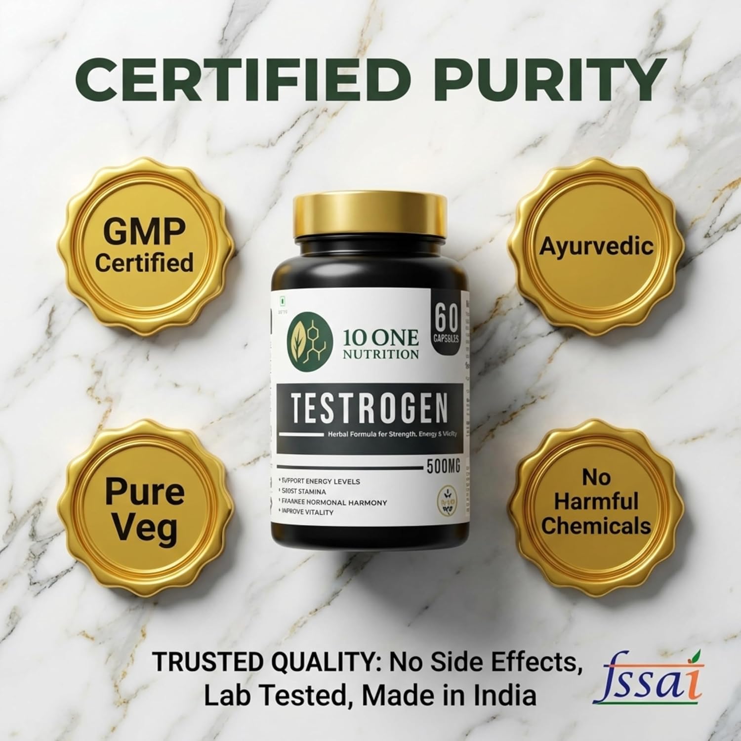 10 One Nutrition Testrogen 500mg (60 Veg Capsules) | For Stamina, Muscle Growth, Strength & Vitality Support