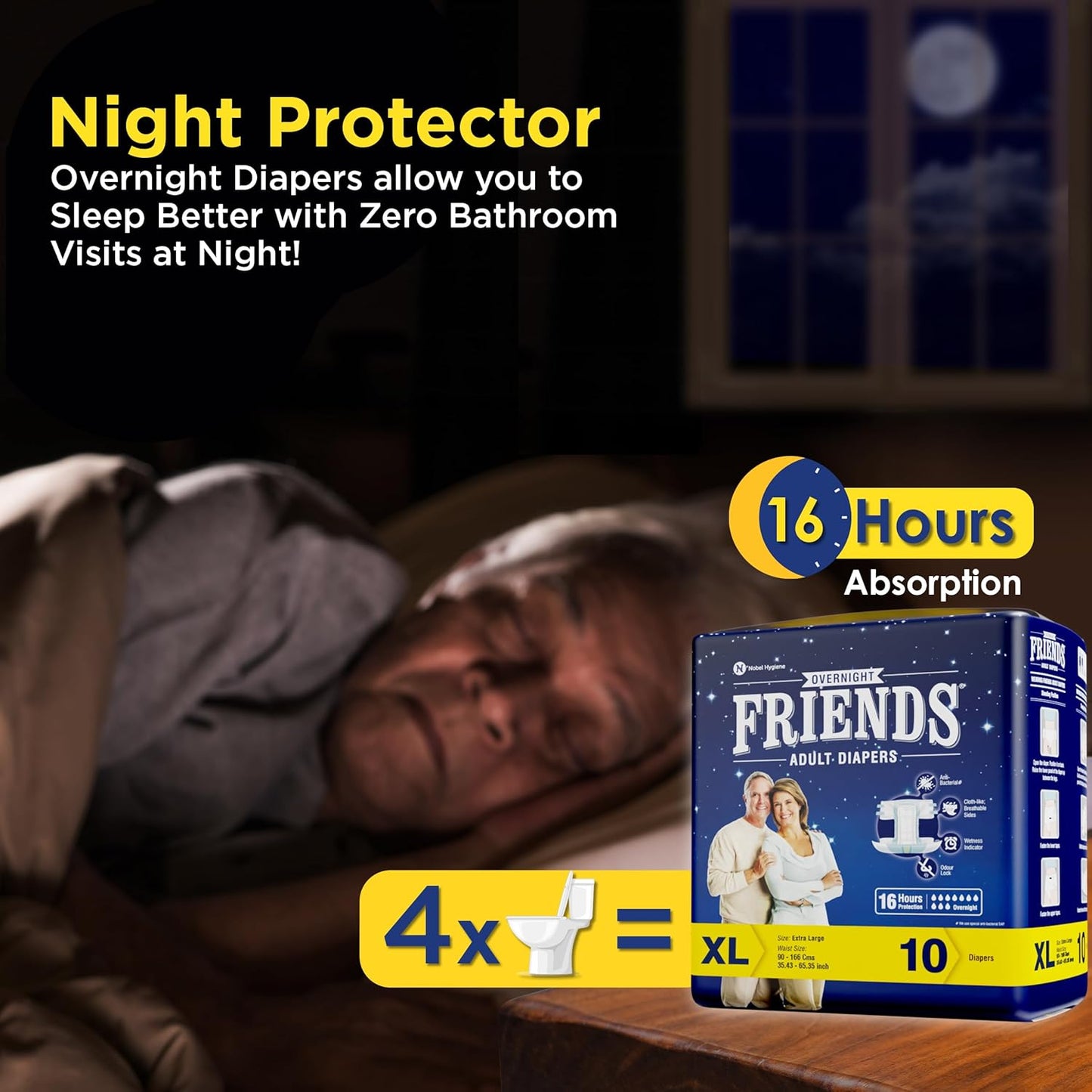 Friends Overnight Adult Diaper Tape XL - 10 Count (Extra Large) with odour lock, Unisex, Leakproof and Anti-Bacterial Absorbent Core - Waist Size 35.43-65.35 inch; 90-166 cm