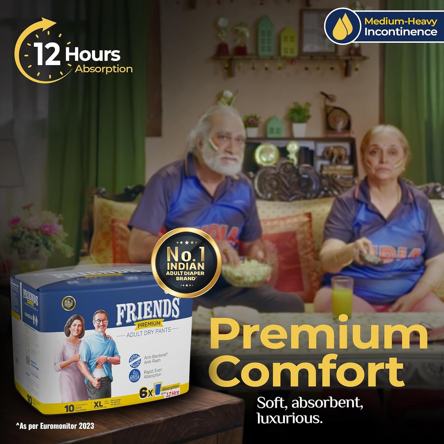 Friends Premium Adult Diaper Pants XL Pants Style - 10 Count (Extra Large) with odour lock, Unisex, Leakproof, Elastic Waist and Anti-Bacterial Absorbent Core - Waist Size 30-56 inch; 76-142 cm