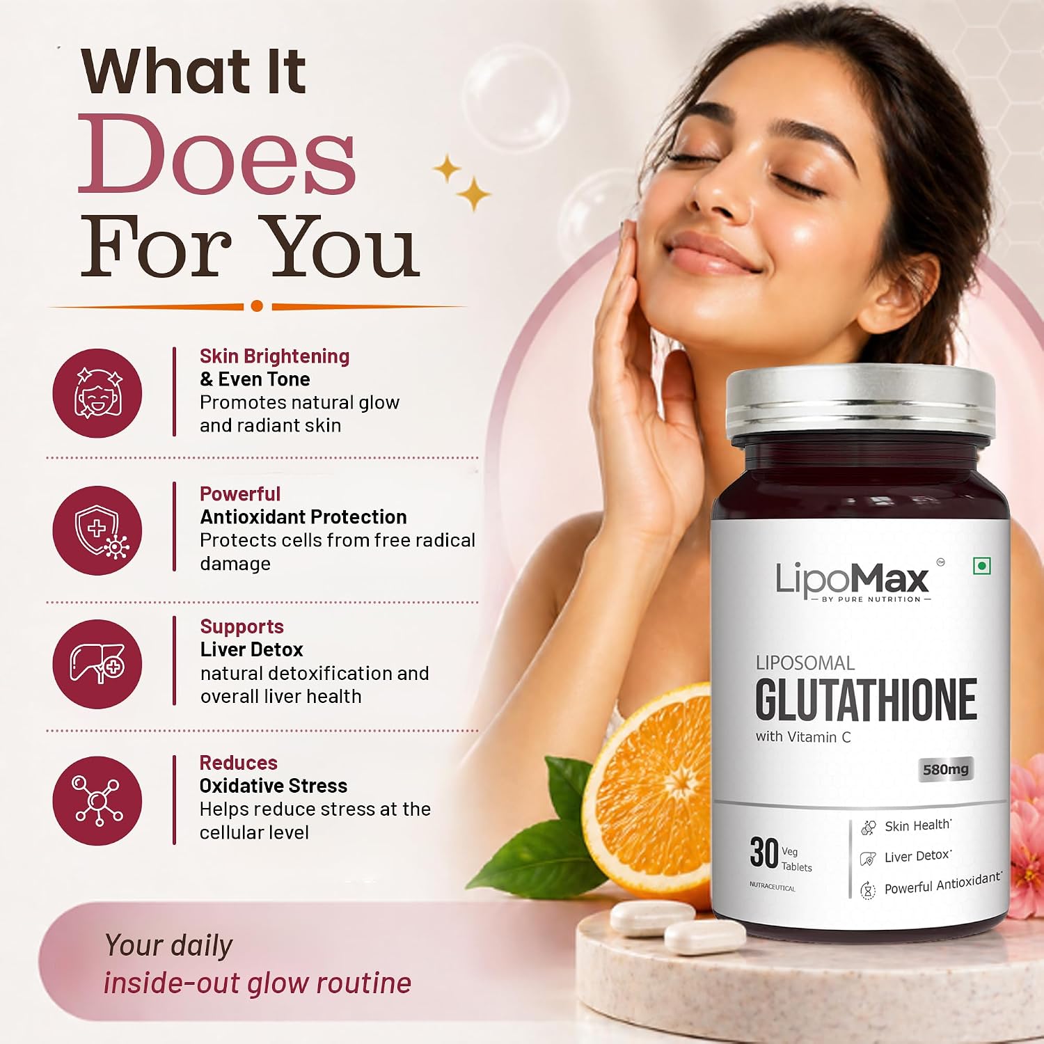 Pure Nutrition Liposomal Glutathione with Vitamin C, 30 Tablets | Antioxidant & Skin Health Support