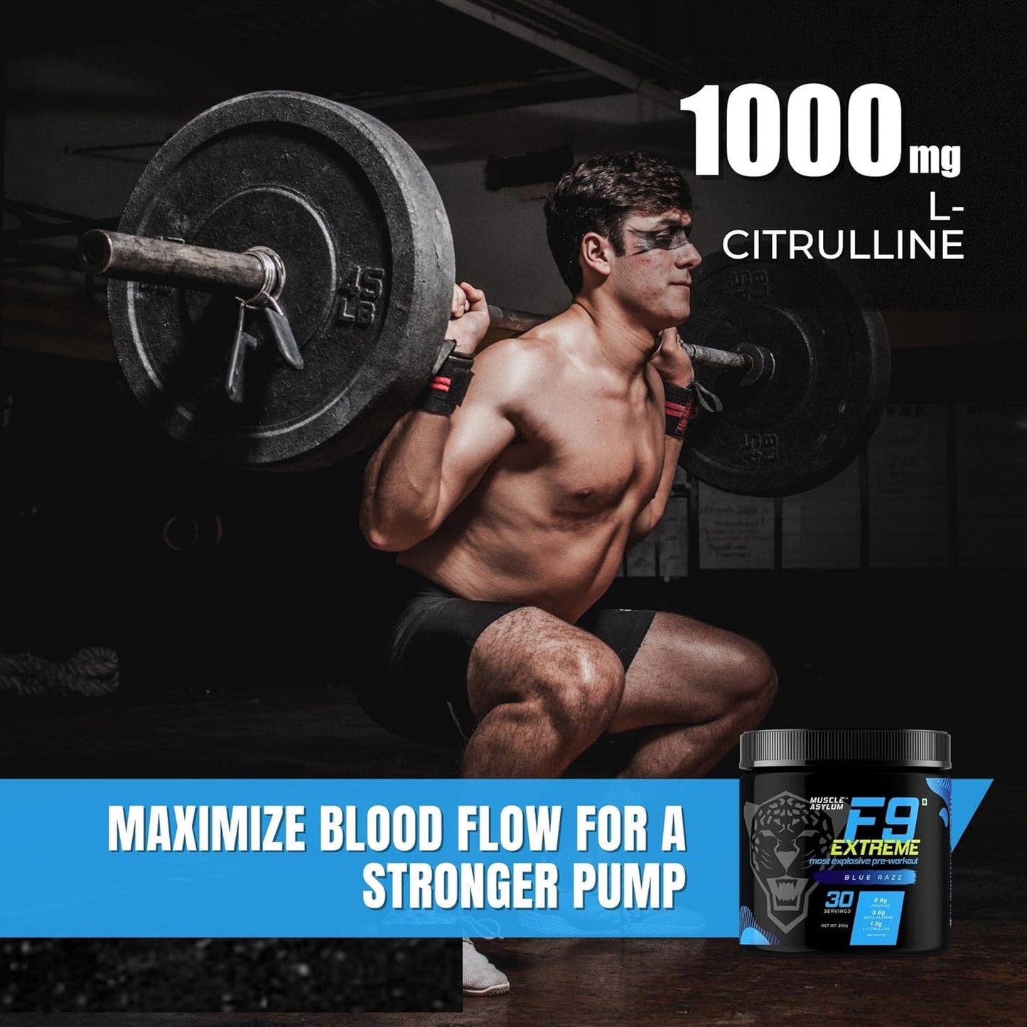 Muscle Asylum F9 Extreme – High Caffeine Pre-Workout (Blue Razz) | 300g | 30 Servings | EAA & Endurance Blend | High Stimulant with EAA & Beta-Alanine