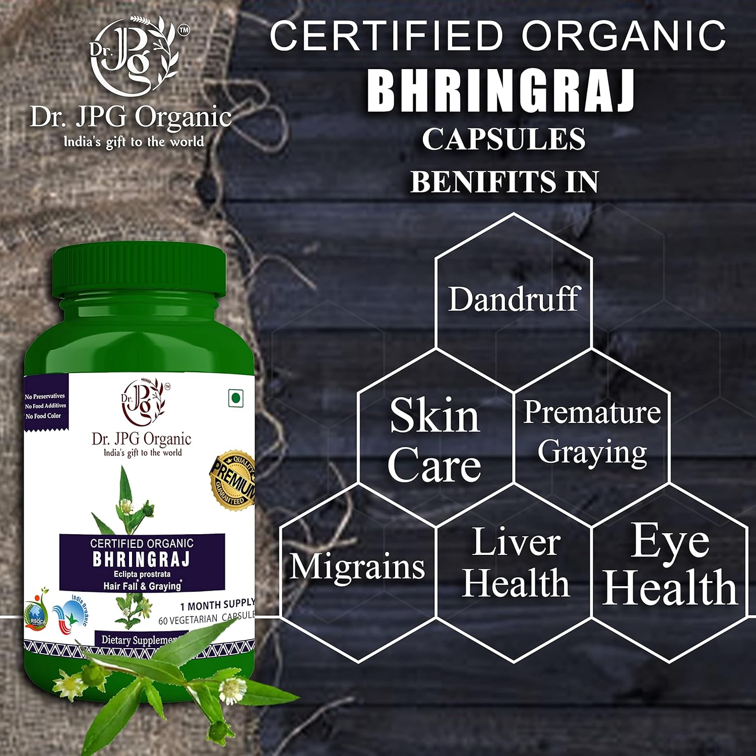 DR. JPG Organic Bhringraj Capsules (500mg, 120 Veg Capsules) | For Hair Growth, Scalp Health & Hair Fall Control | 100% Certified Organic