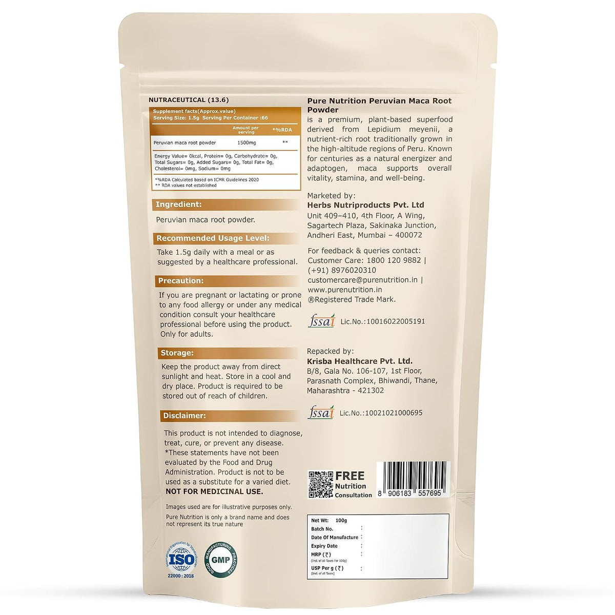 Pure Nutrition Peruvian Maca Root 100g | Natural Herbal Superfood Powder | Energy & Vitality Support
