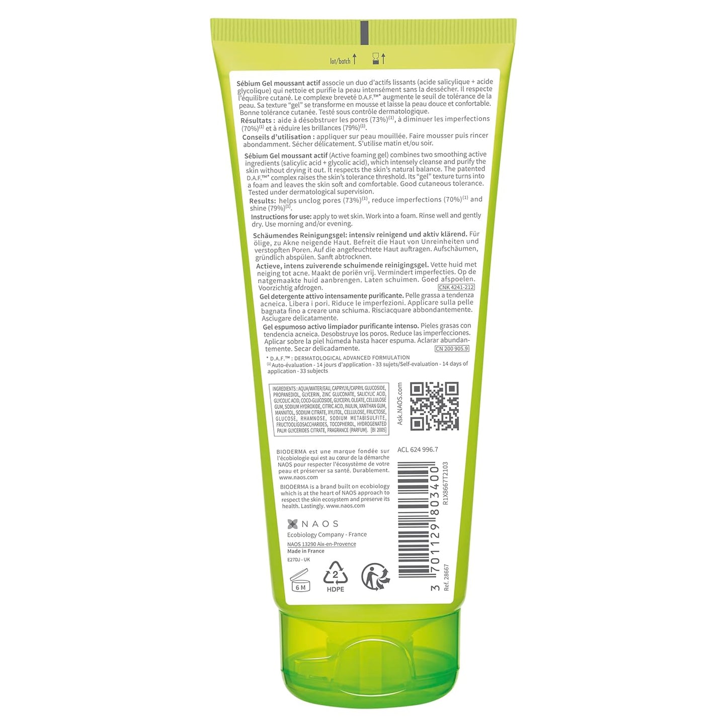 Bioderma Sebium Gel Moussant Actif cleanser with Salicylic & Glycolic acid for Acne Prone, Oily Skin Gel