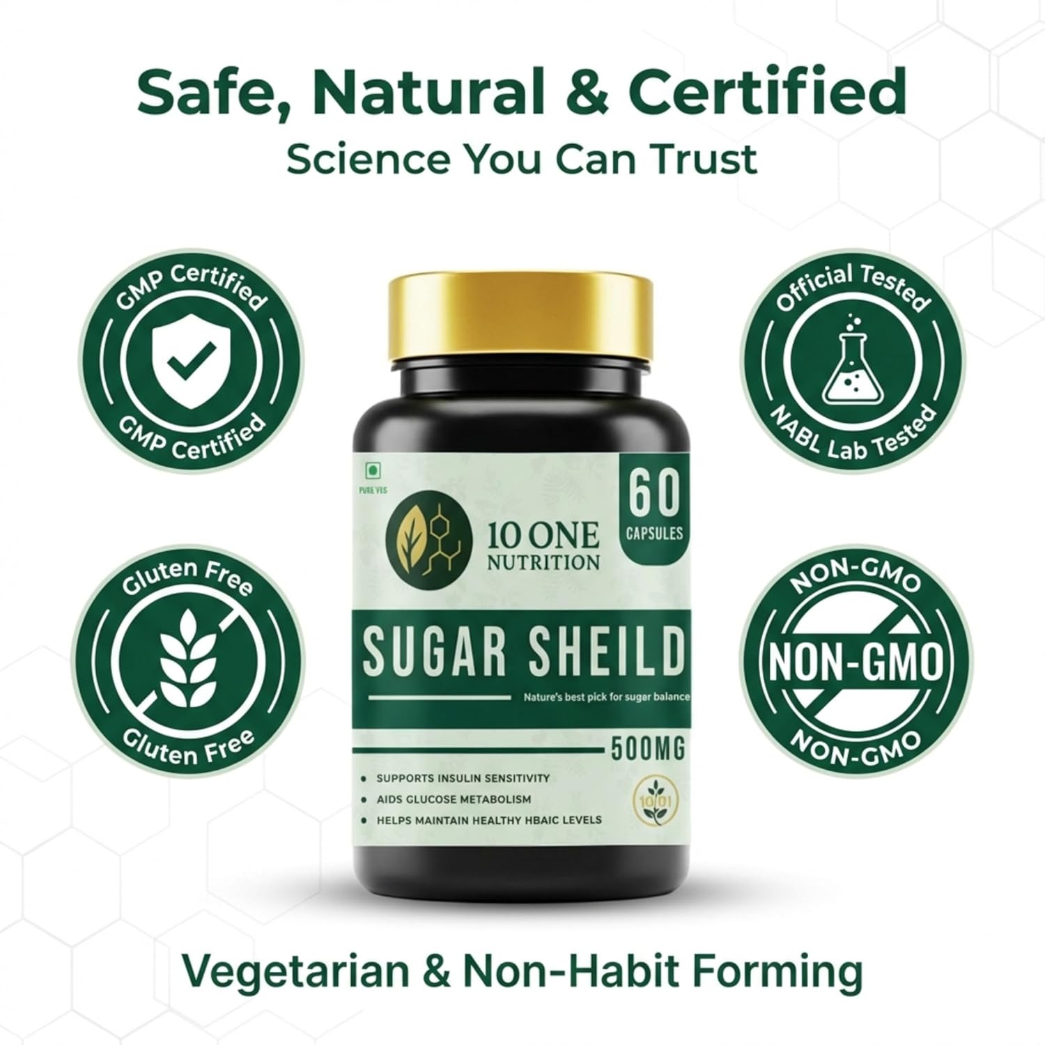 10 One Nutrition Sugar Shield Capsules 500mg (60 Veg Capsules) | Ayurvedic Support for Healthy Blood Sugar & Glucose Metabolism