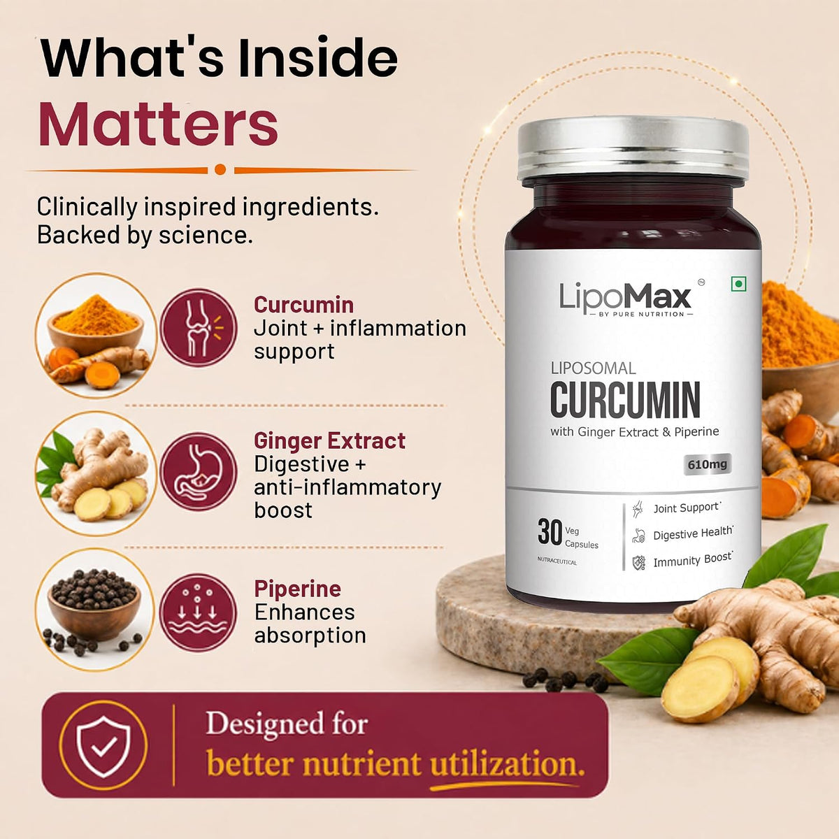 Pure Nutrition Liposomal Curcumin with Ginger Extract, 30 Capsules | Antioxidant & Joint Support