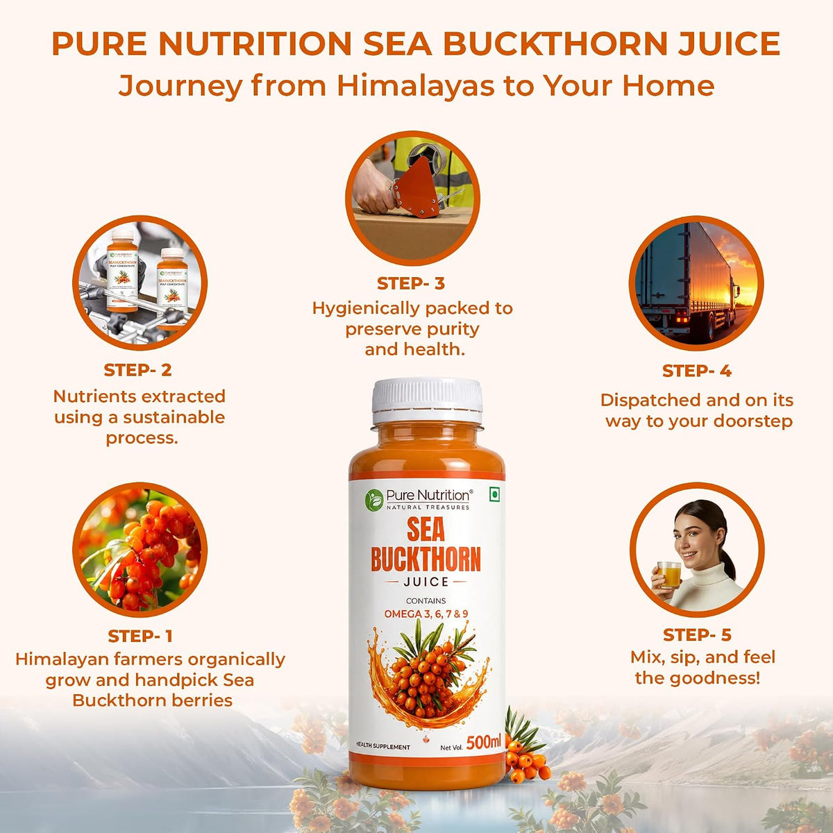 Pure Nutrition Sea Buckthorn Concentrate Juice 500ml | Antioxidant & Wellness Support
