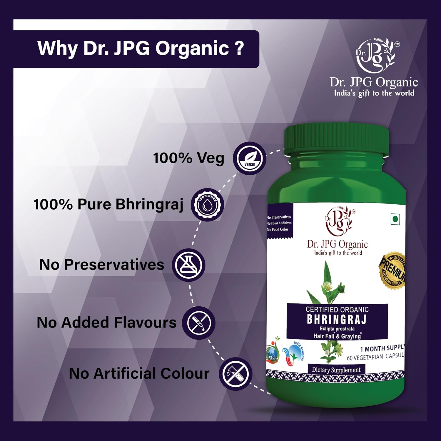 DR. JPG Organic Bhringraj Capsules (500mg, 120 Veg Capsules) | For Hair Growth, Scalp Health & Hair Fall Control | 100% Certified Organic