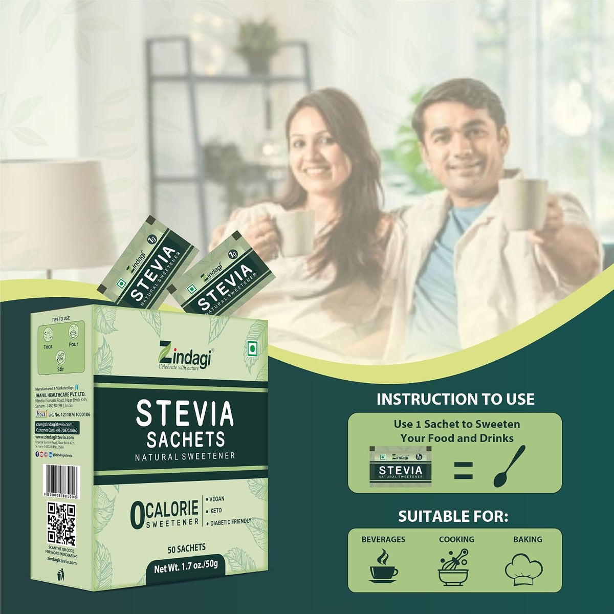 Zindagi Stevia Tablets & Stevia Powder (50 Sachets) | 100% Natural Zero-Calorie Sugar-Free Sweetener Combo Pack