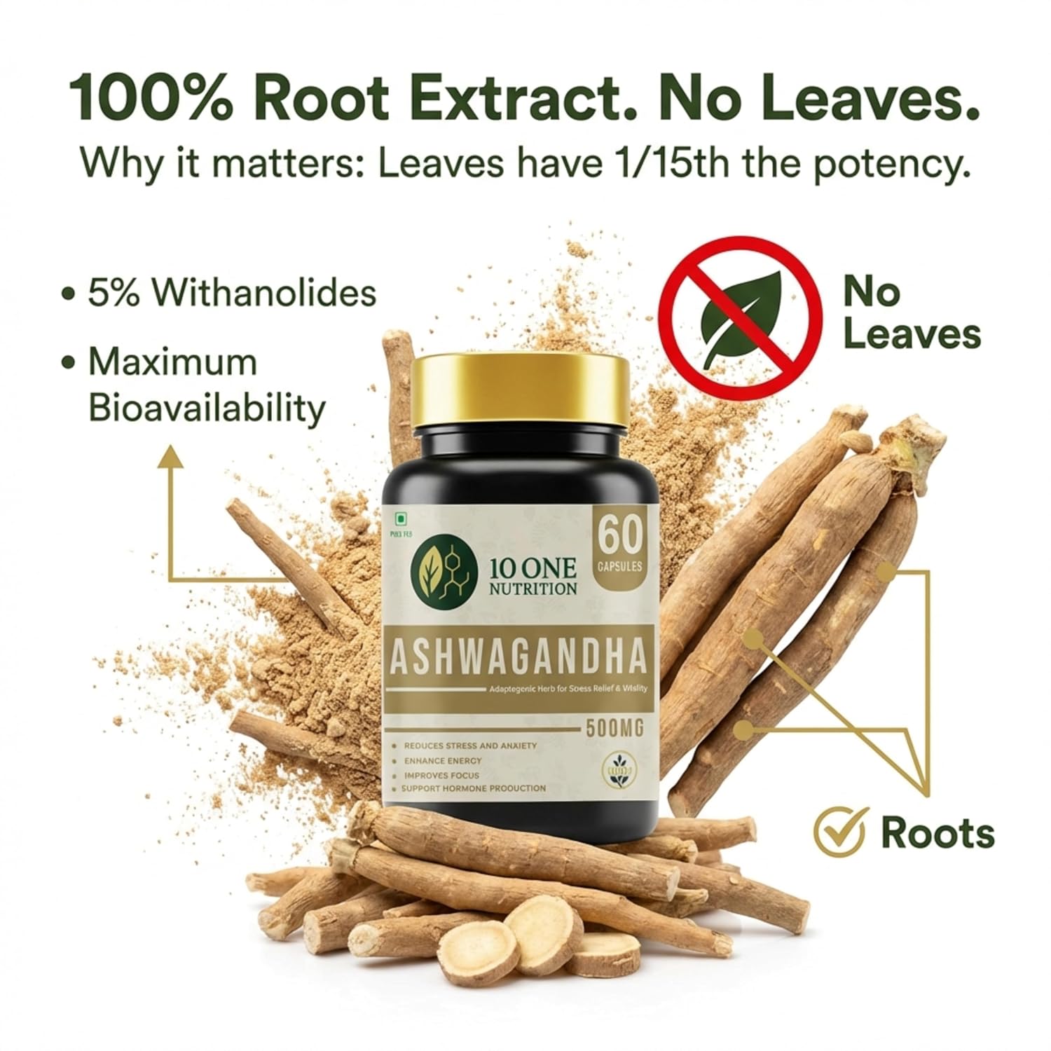 10 One Nutrition Ashwagandha Gold 500mg (60 Capsules) | For Stress Relief, Energy & Strength | Ayush Approved | For Men & Women