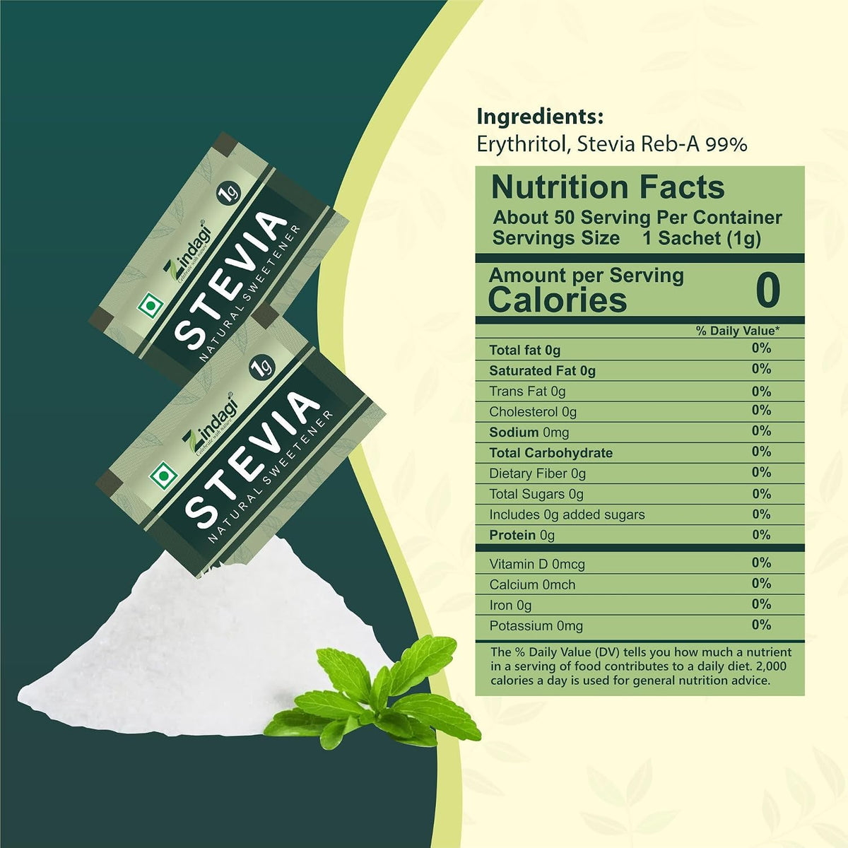Zindagi Stevia Dry Leaves & Stevia Powder Sachets | 100% Natural Zero-Calorie Sugar-Free Sweetener Combo Pack