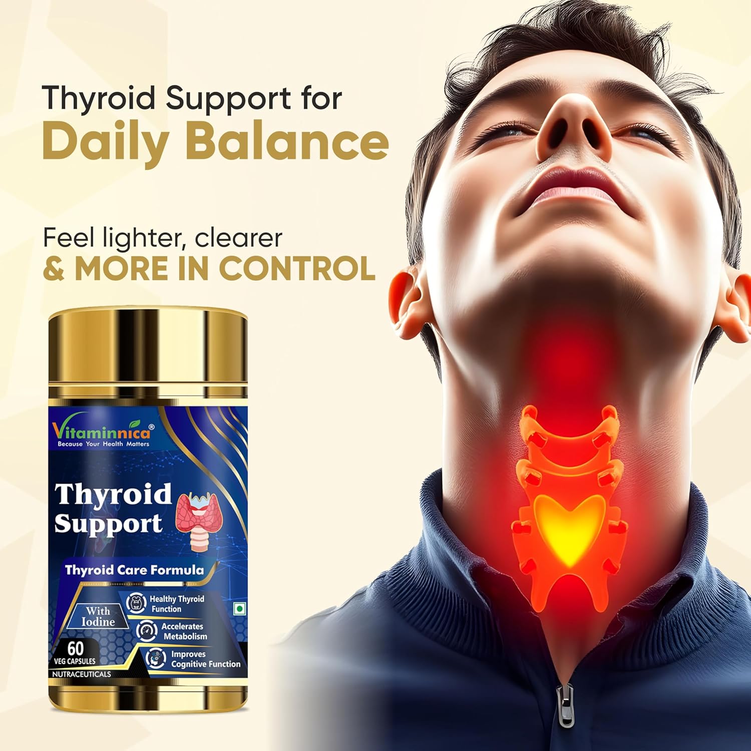 Vitaminnica Thyroid Support Capsules | Supports Thyroid Health & Hormone Balance | Enriched with Iodine - Energy & Metabolism Booster | 60 Vegan Capsules