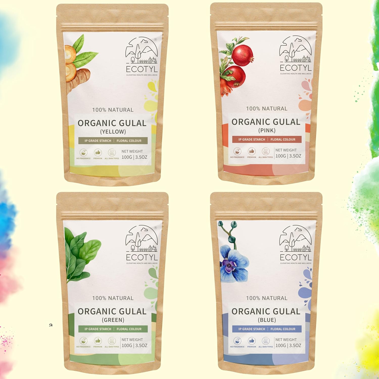 Ecotyl Herbal Gulal | Floral Color & Skin Friendly | Set of 4 Colors (100g Each)