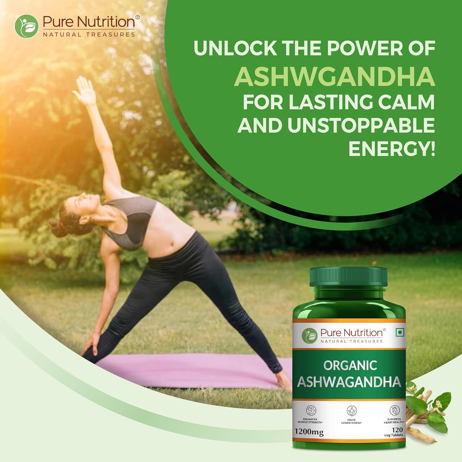 Pure Nutrition Organic Ashwagandha Tablets - Supports Stress Relief, Sleep, Fertility, Immune Health, Vitality & Strength | Natural Adaptogen for Men & Women | Promotes Energy & Overall Wellness | Ayurvedic Supplement - 120 Veg Tablets