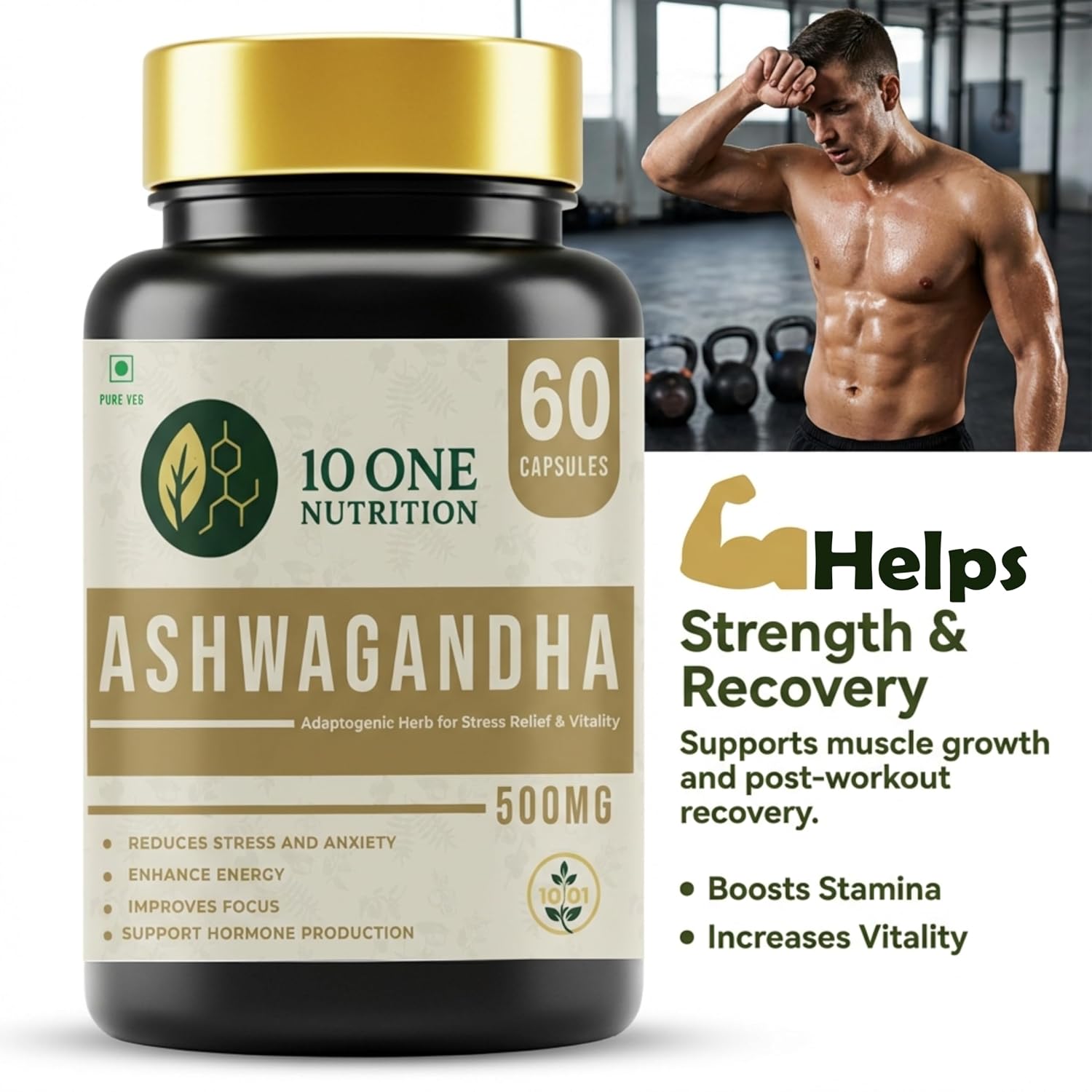 10 One Nutrition Ashwagandha Gold 500mg (60 Capsules) | For Stress Relief, Energy & Strength | Ayush Approved | For Men & Women