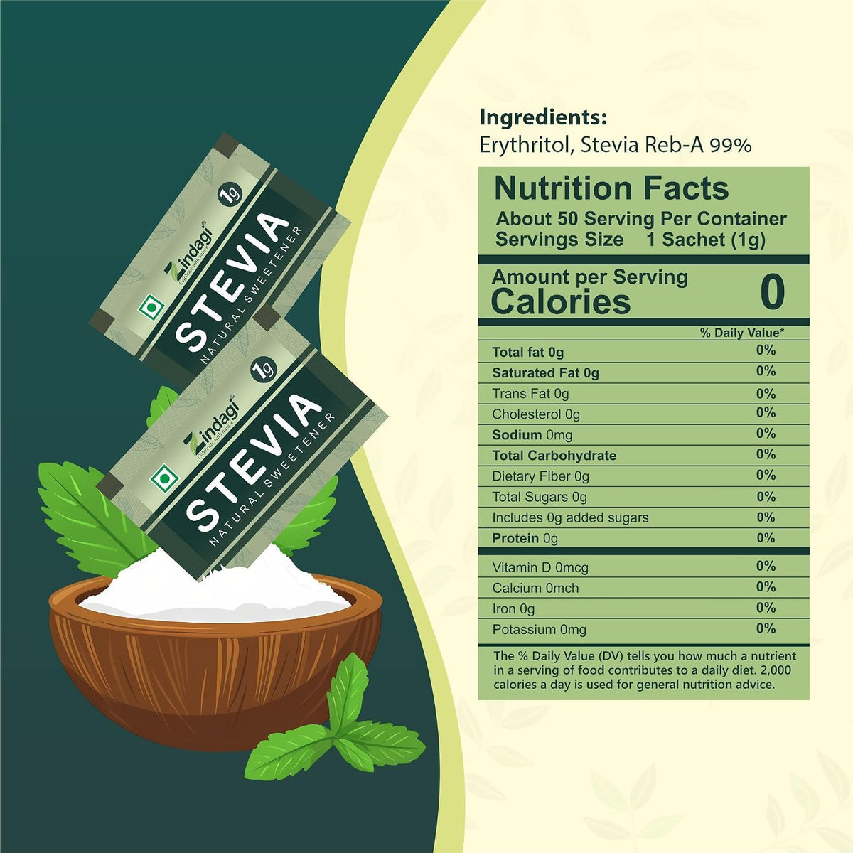 Zindagi Stevia Powder Sachets & Stevia Liquid Drops | 100% Natural Zero-Calorie Sugar Substitute Combo Pack
