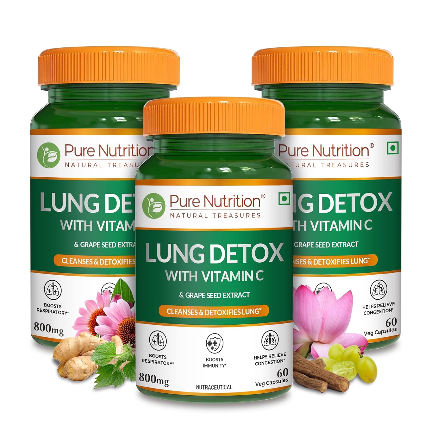 Pure Nutrition Lung Detox with Vitamin C 800mg Veg Capsule | For Respiratory Care