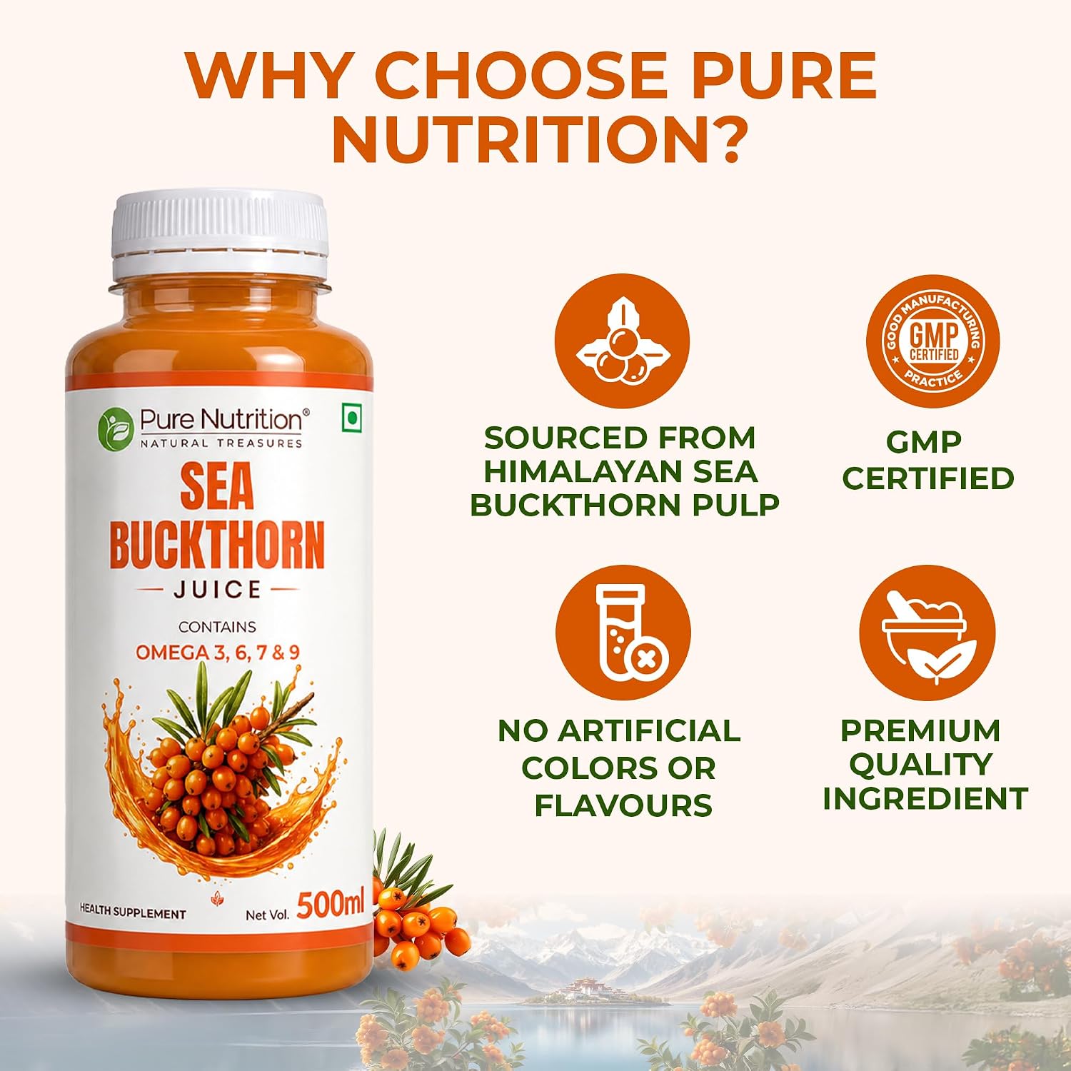 Pure Nutrition Sea Buckthorn Concentrate Juice 500ml | Antioxidant & Wellness Support