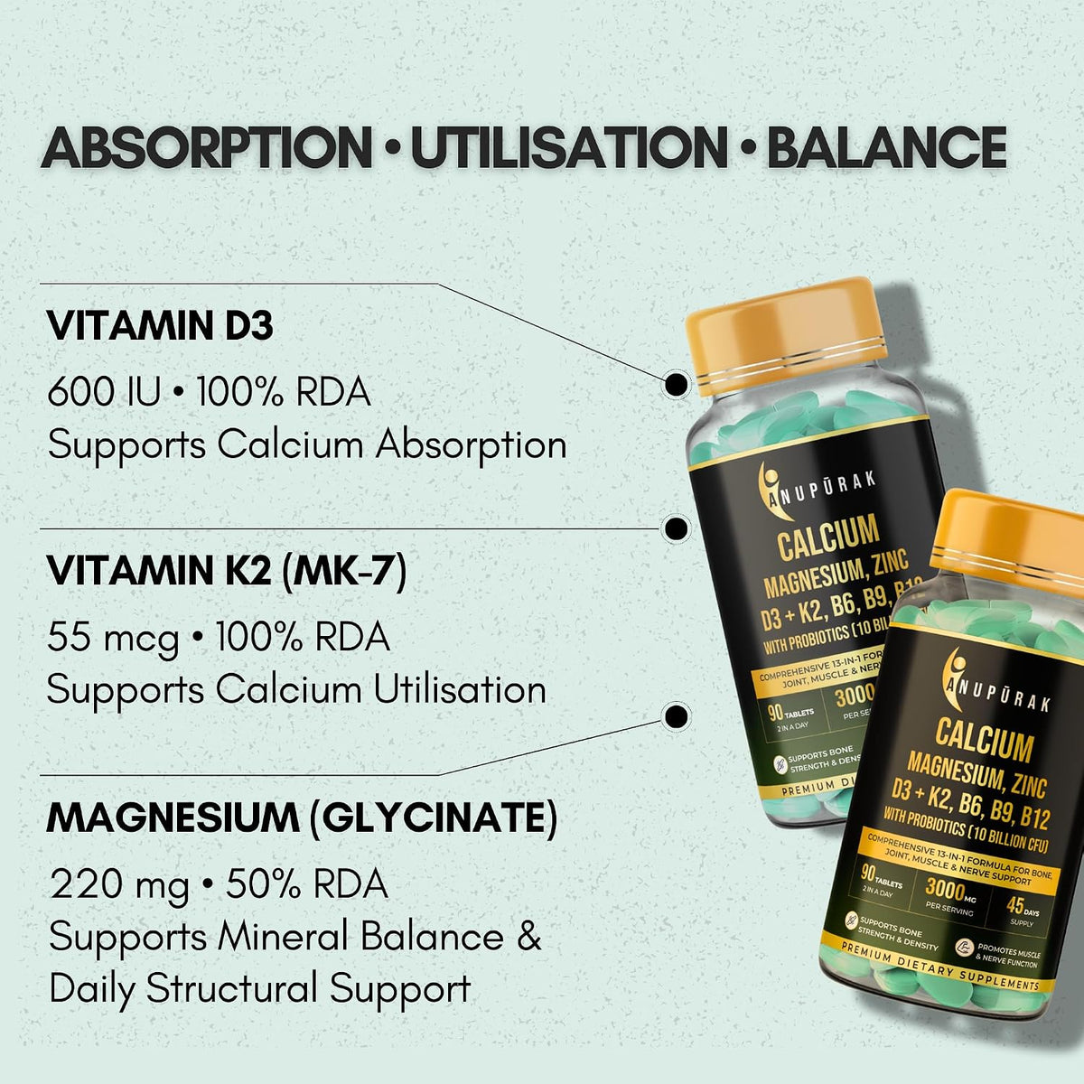Anupurak Calcium Magnesium, Zinc D3+K2,B6,B9,B12 with Probiotics Tablet (90 Each)