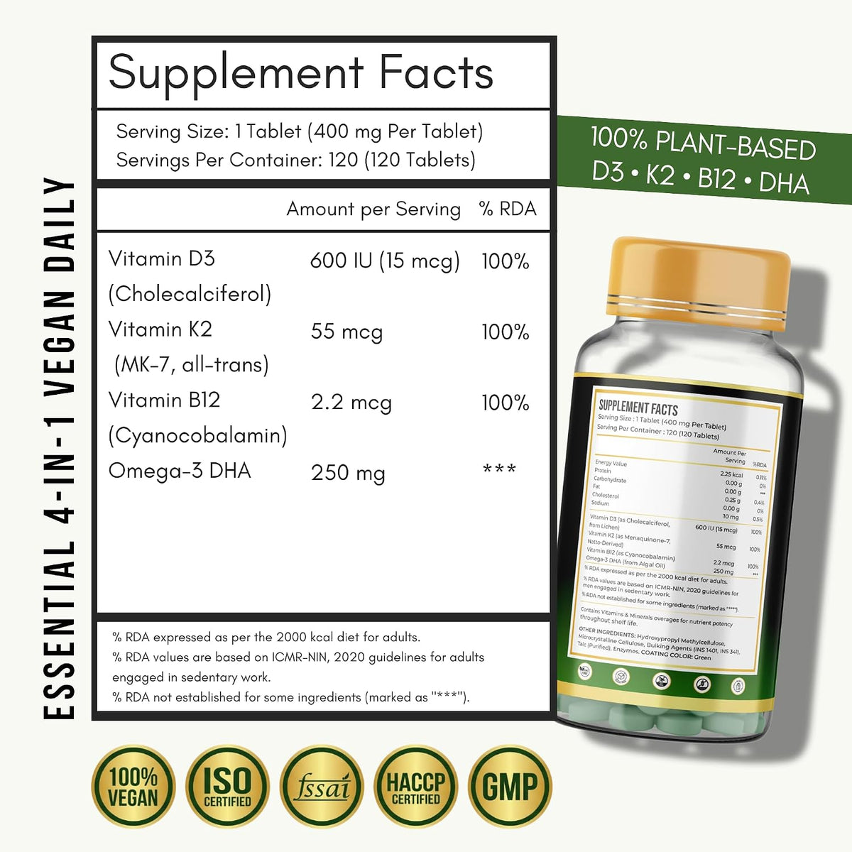 Anupurak D3+K2(MK-7)+B12 with Omega-3 from Algal Tablet (120 Each)