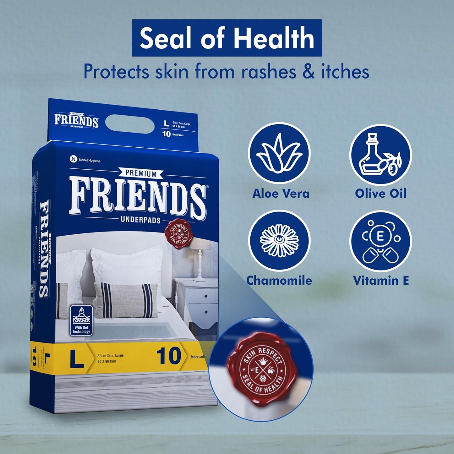 Friends Premium Disposable Underpads,Soft & Super Absorbency Large - 60x90 cm - 10 Pads