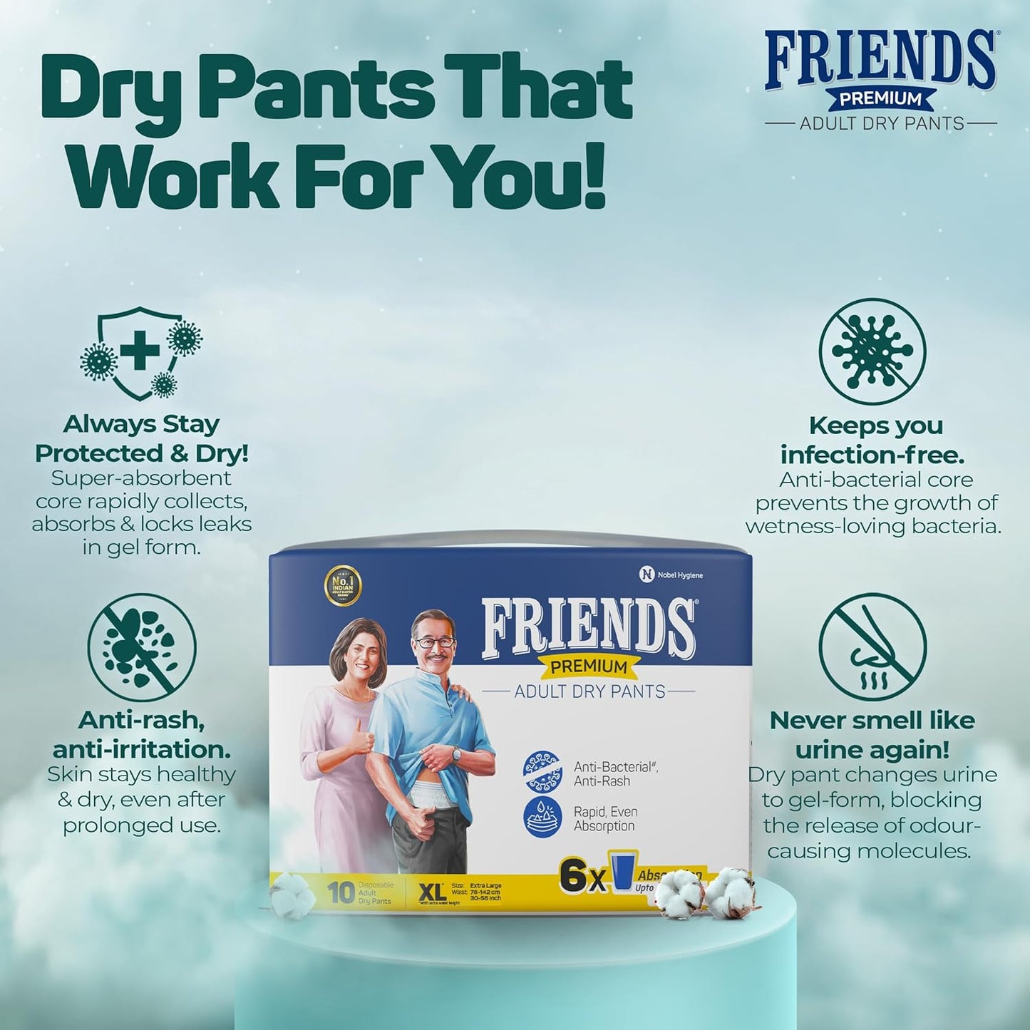 Friends Premium Adult Diaper Pants XL Pants Style - 10 Count (Extra Large) with odour lock, Unisex, Leakproof, Elastic Waist and Anti-Bacterial Absorbent Core - Waist Size 30-56 inch; 76-142 cm
