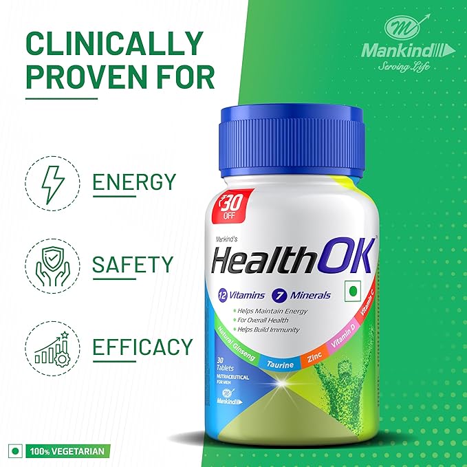 Health OK Multivitamin Tablets For Men with Vitamins, Minerals, Ginseng, Taurine & Zinc | For Nutrition, Energy & Immunity