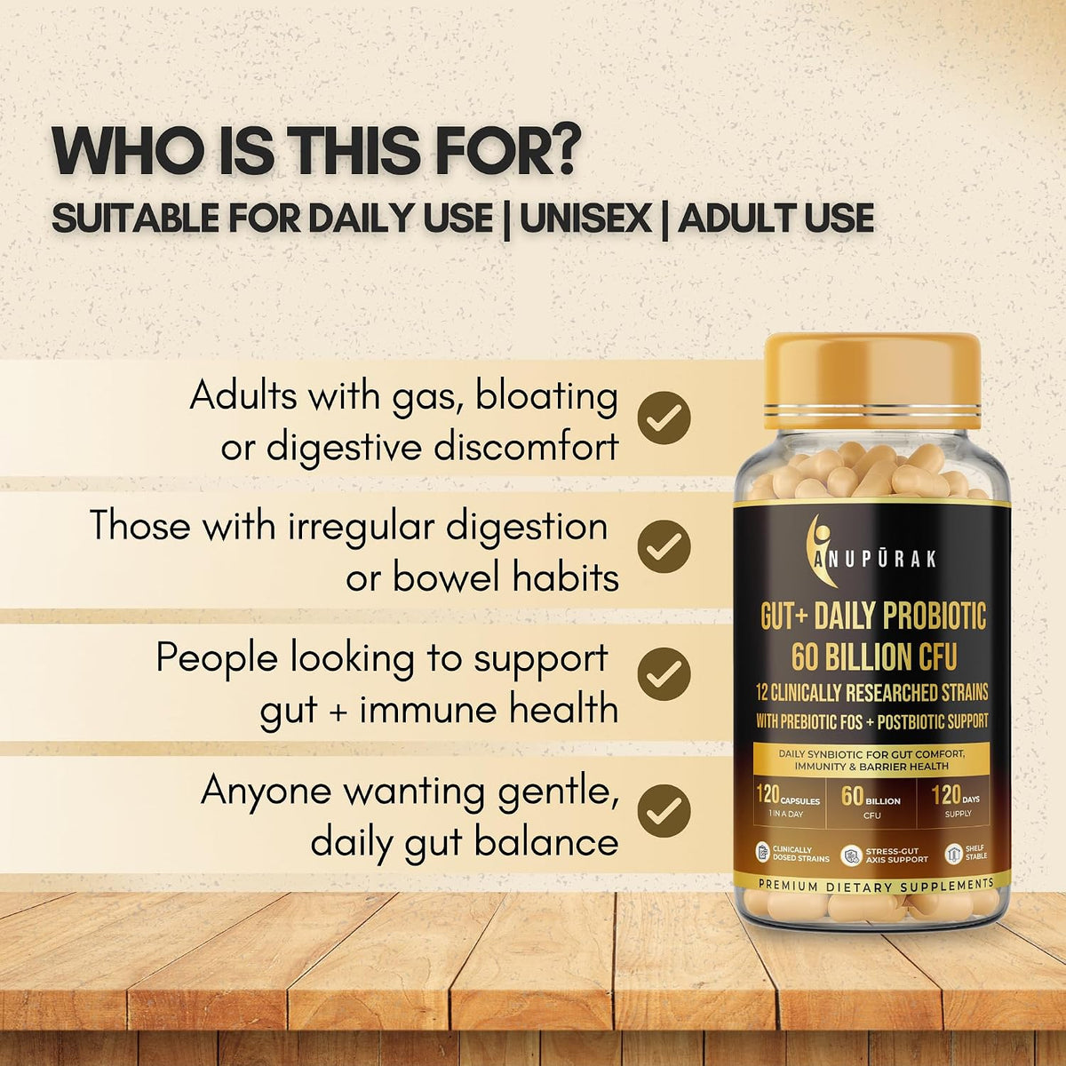 Anupurak Gut + Daily Probiotic 60 Billion CFU Capsule (120 Each)
