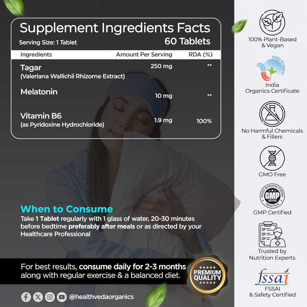 Health Veda Organics Melatonin Capsules 10mg - Restful Sleep Cycles & Jet Lag Support (60 Capsules)